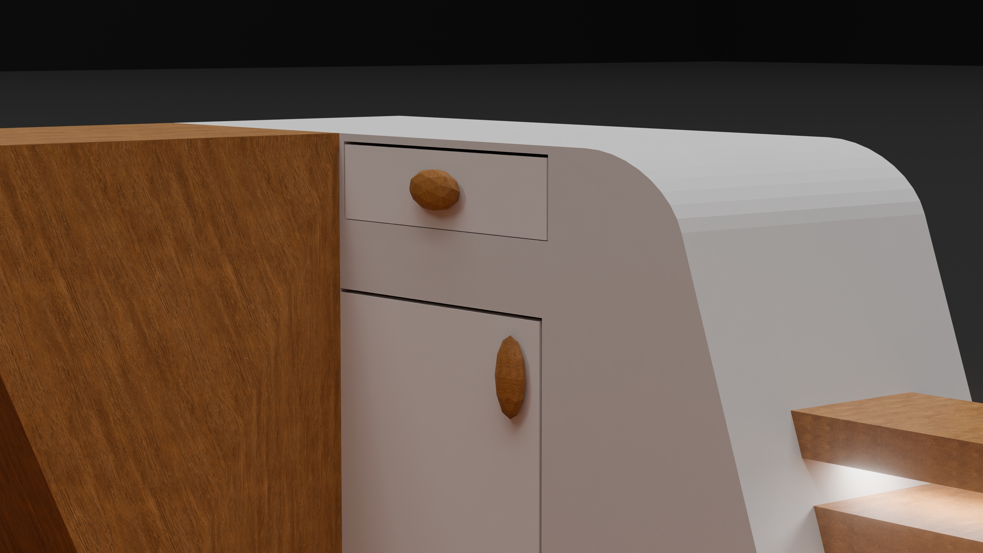 Close 3D detail of the Riyadh Chamber reception desk showing curved white cabinetry, wood surfaces, and integrated lighting.