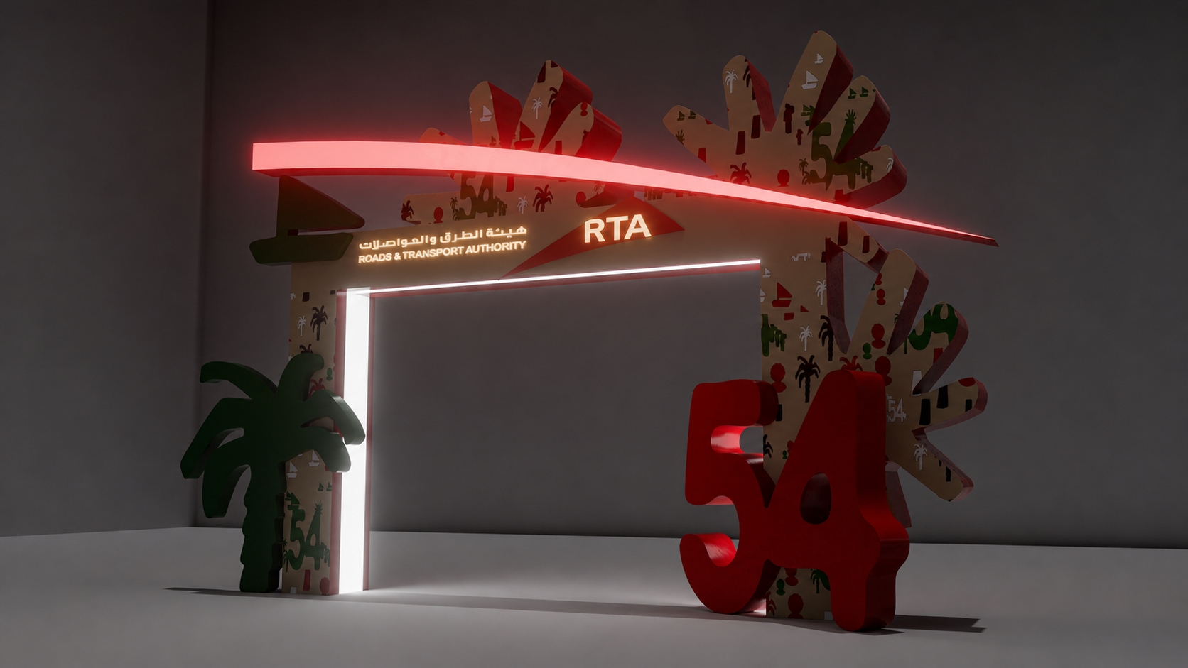Angled 3D view of the RTA Eid Al Etihad entrance installation showing illuminated branding, cultural silhouettes, and the freestanding 54 form.