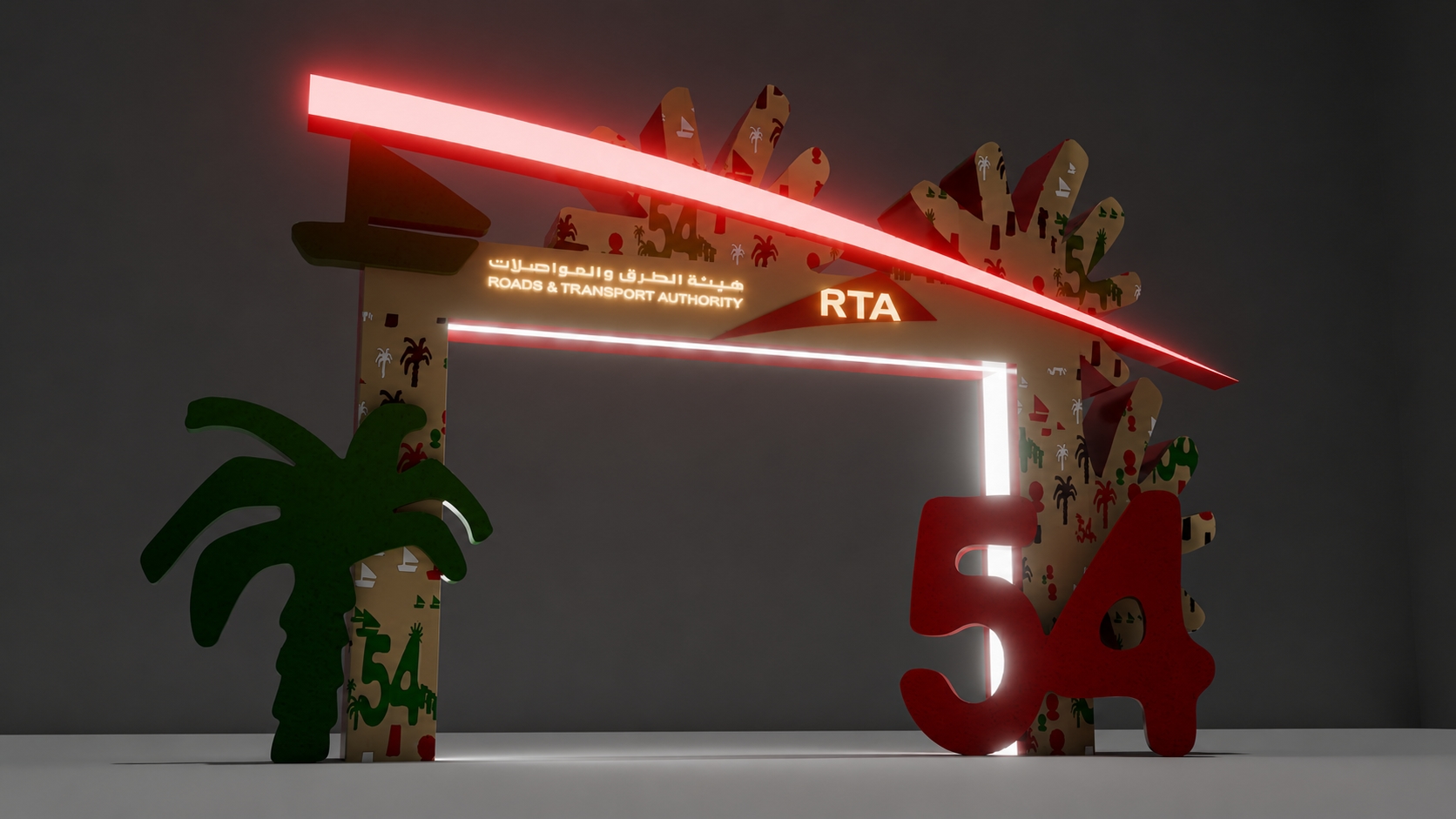 Front 3D view of the RTA Eid Al Etihad entrance installation with illuminated RTA branding, palm forms, cultural motifs, and a sculptural 54 element.