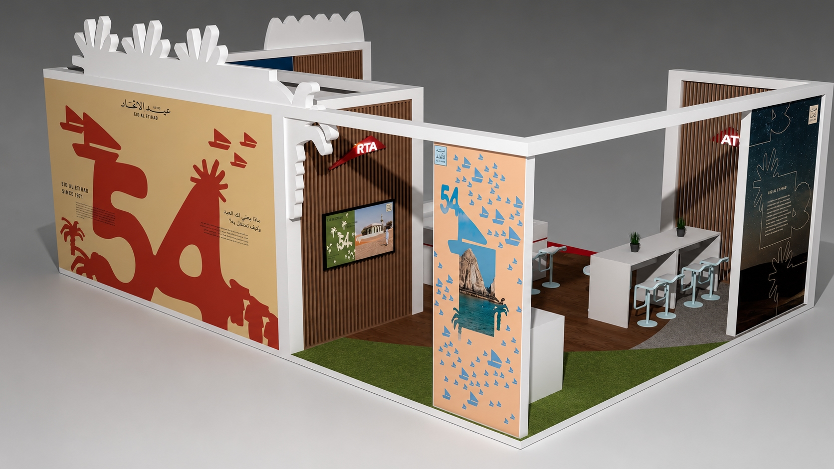 Corner 3D view of the RTA Eid Al Etihad exhibition with branded graphic walls, wood-slat panels, display screens, and visitor meeting areas.