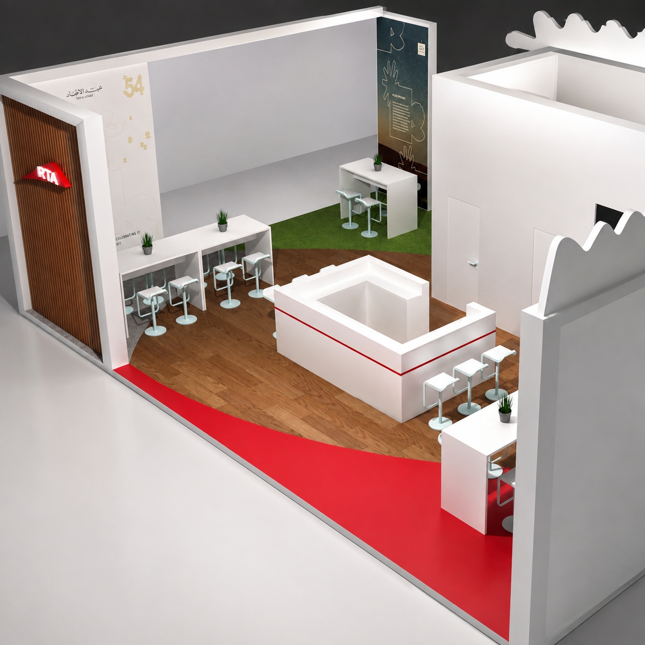 Elevated interior 3D view of the RTA Eid Al Etihad exhibition showing the central interaction counter, meeting tables, seating, and branded walls.