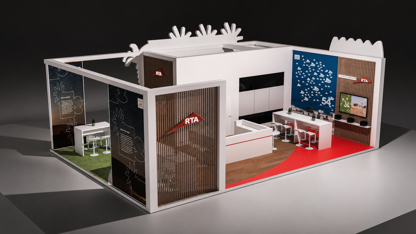 Wide 3D overview of the RTA Eid Al Etihad exhibition showing branded walls, visitor areas, meeting counters, and display screens.