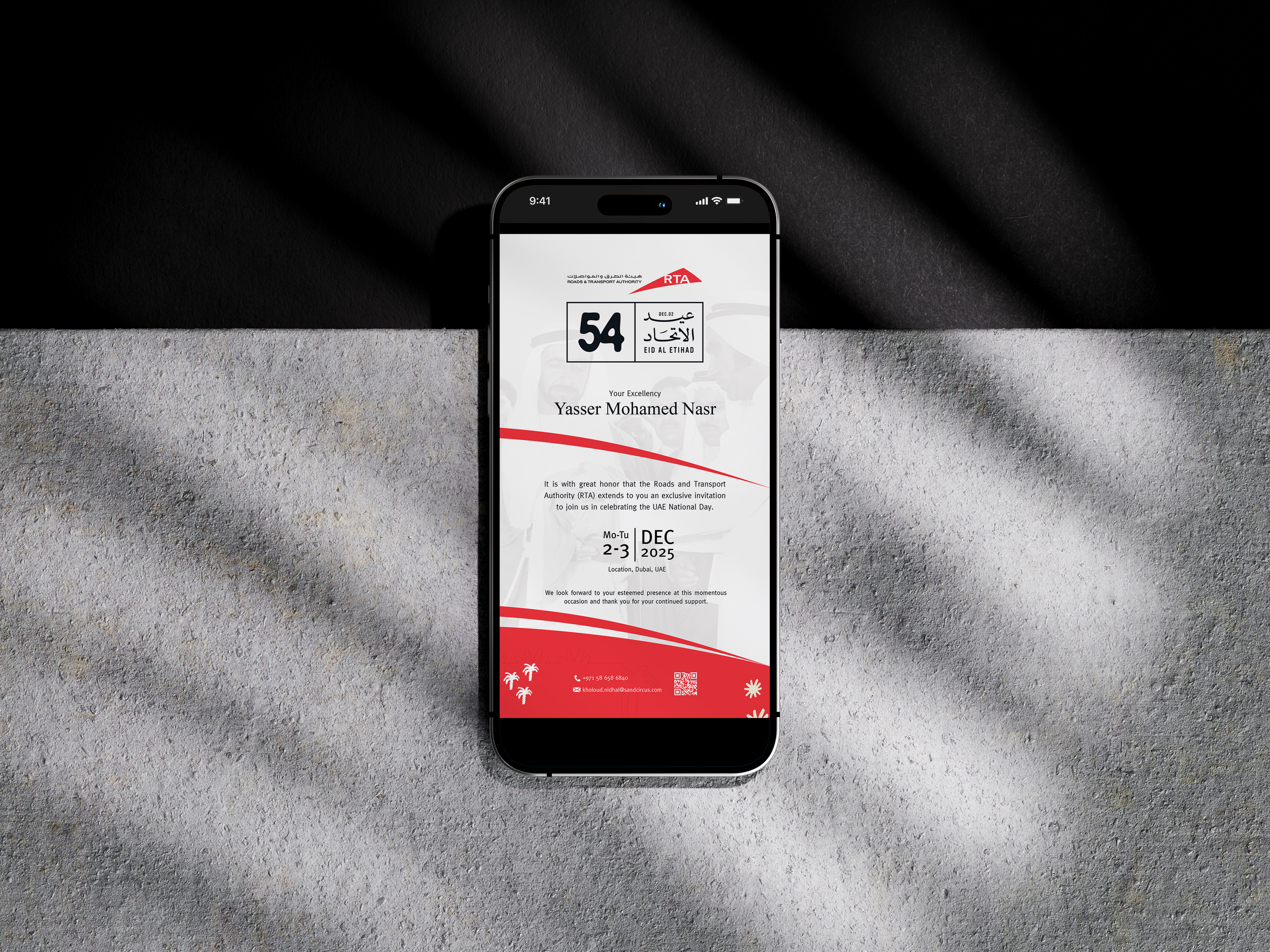 RTA Eid Al Etihad digital event invitation displayed on an iPhone mockup against a dark textured background.
