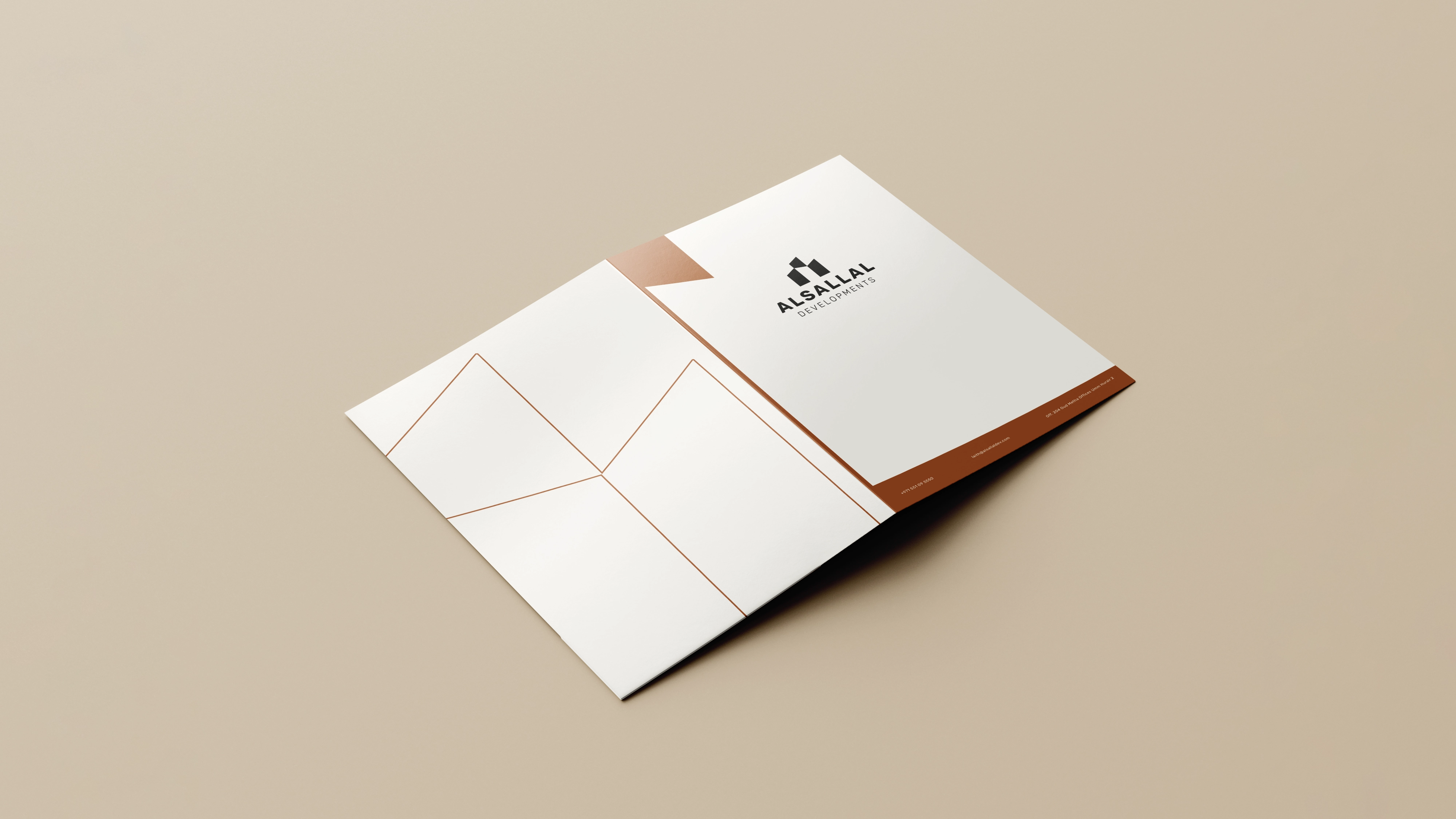 Alsallal Developments ivory presentation folder with copper architectural linework and the supplied corporate logo.