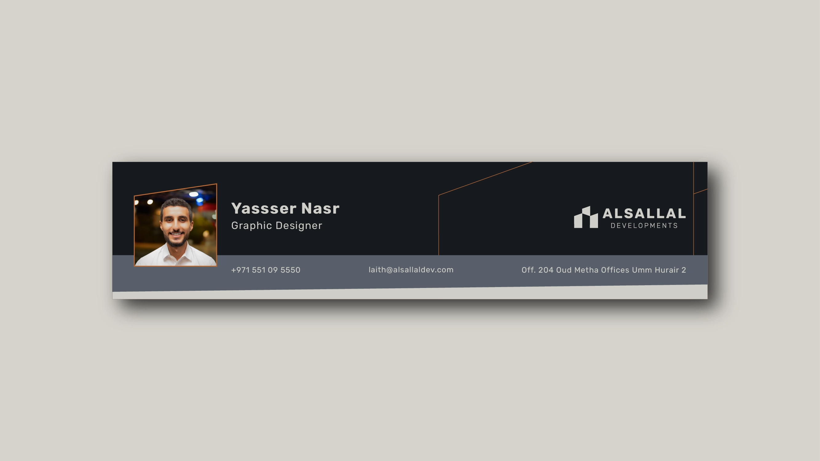Charcoal Alsallal Developments email signature with portrait, role, and corporate contact details.