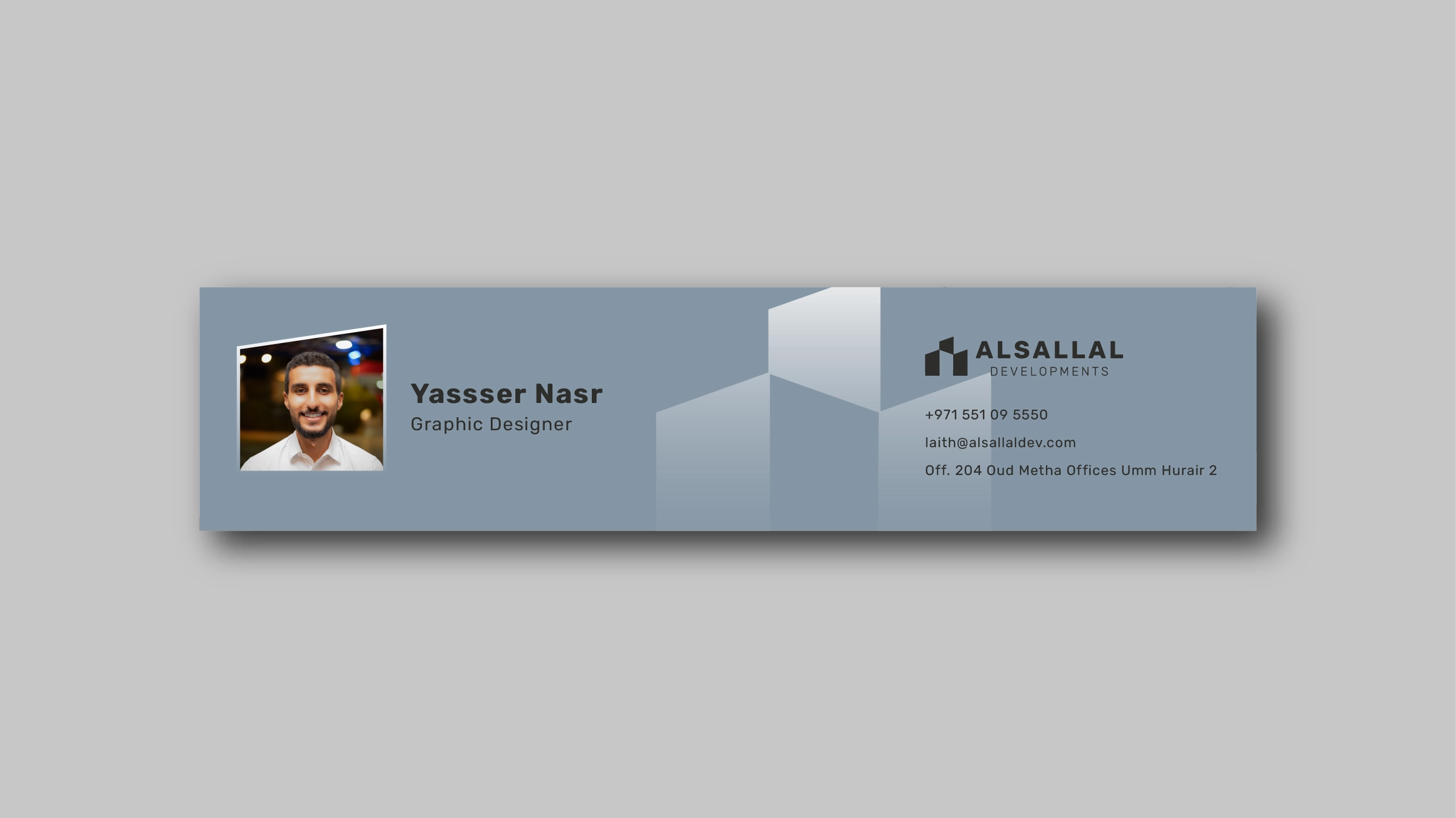 Slate blue and light gray Alsallal Developments email signature with portrait and contact information.