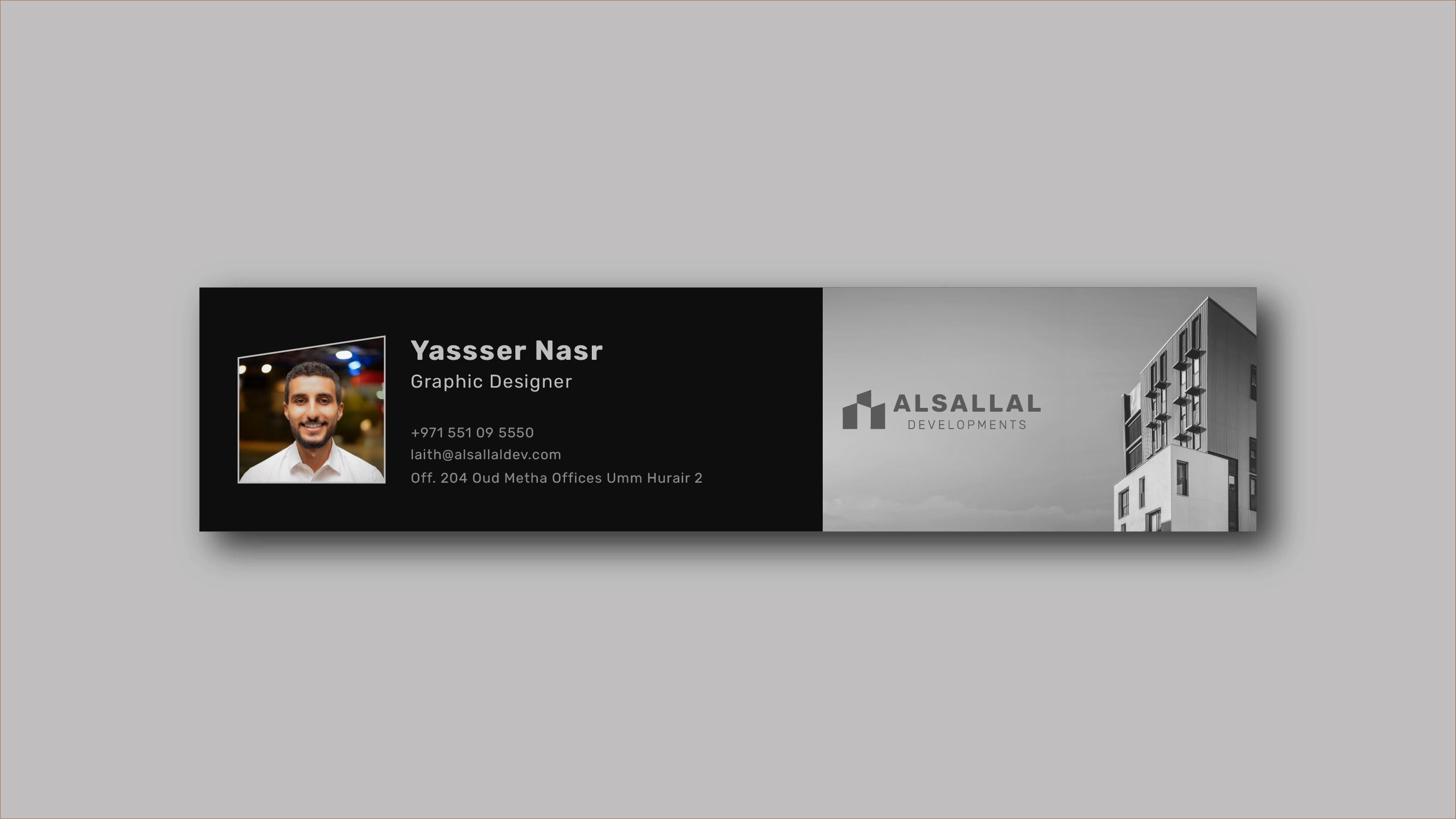 Monochrome Alsallal Developments email signature combining the supplied logo with architectural photography.