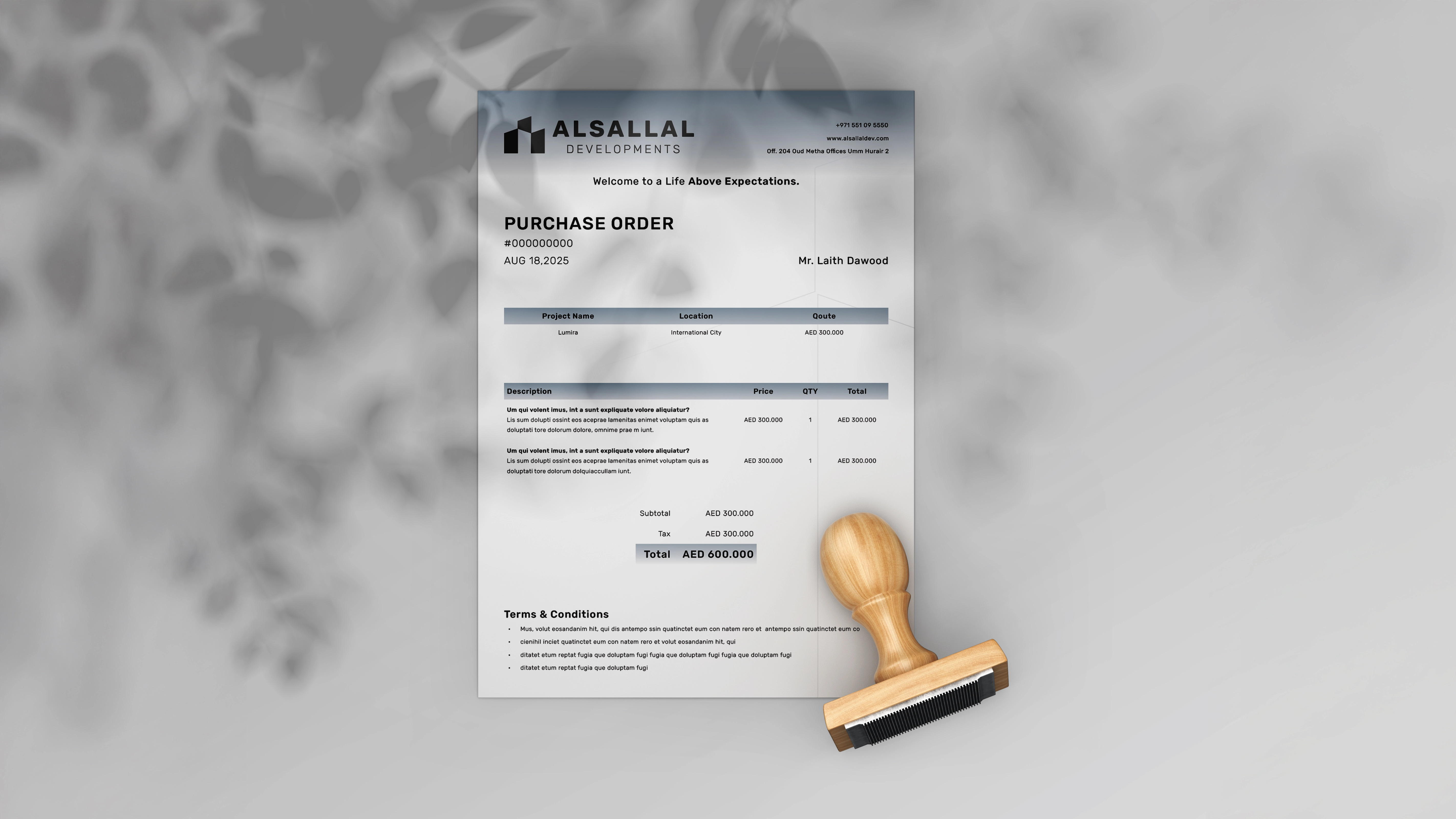 Slate blue Alsallal Developments purchase order template presented with an approval stamp.