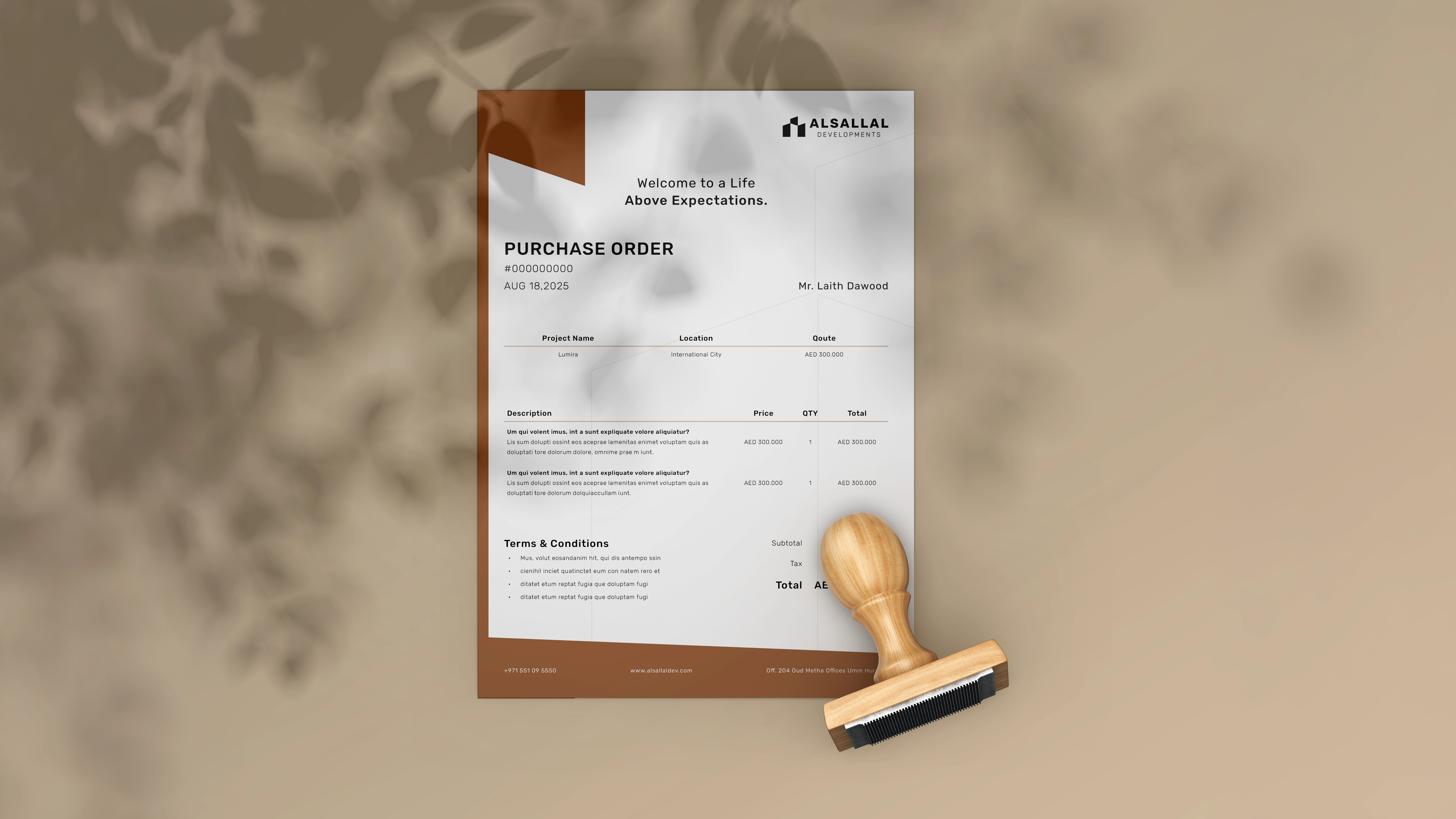 Warm bronze Alsallal Developments purchase order template presented with an approval stamp.