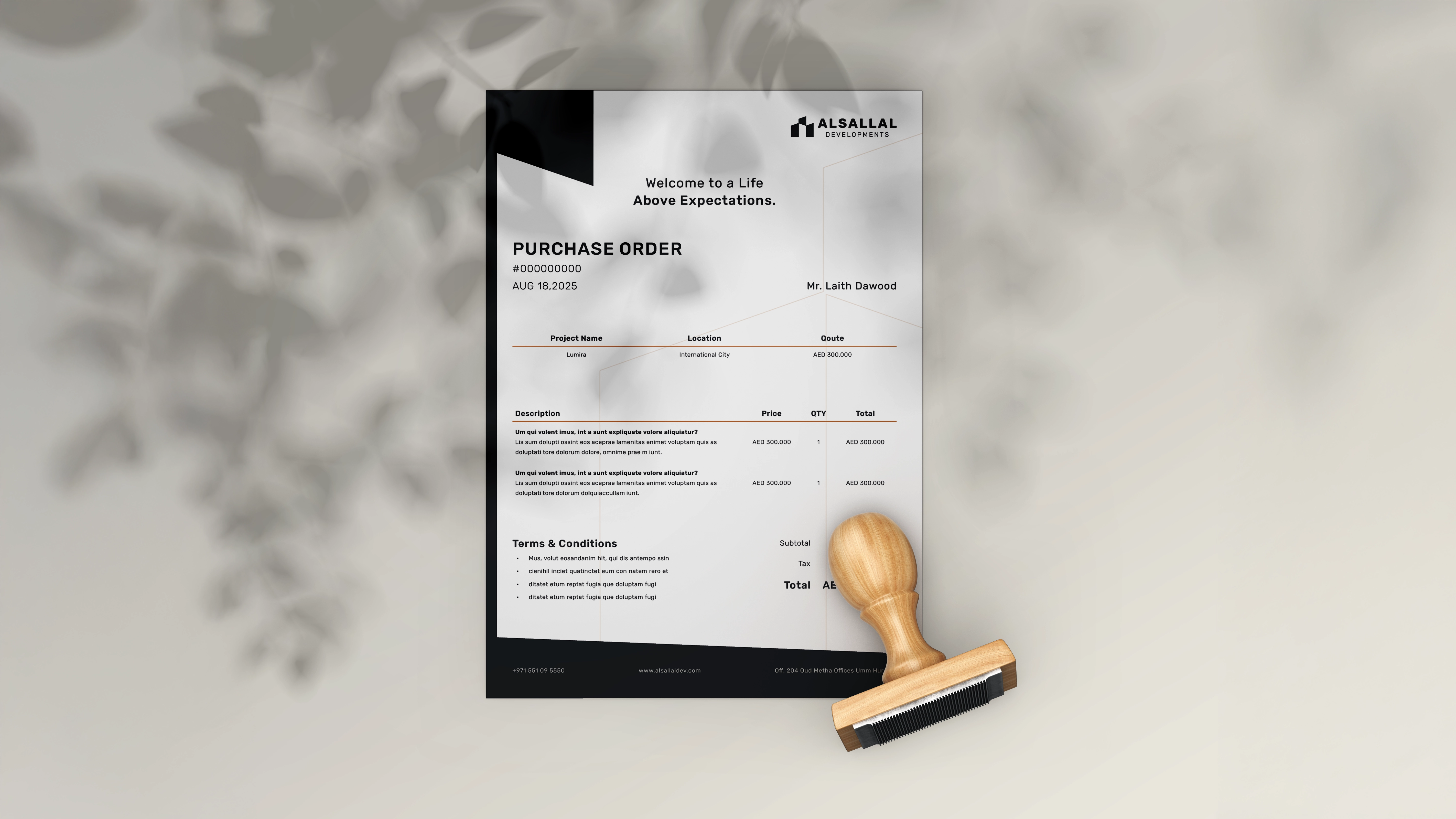 Charcoal Alsallal Developments purchase order template with structured project and approval information.