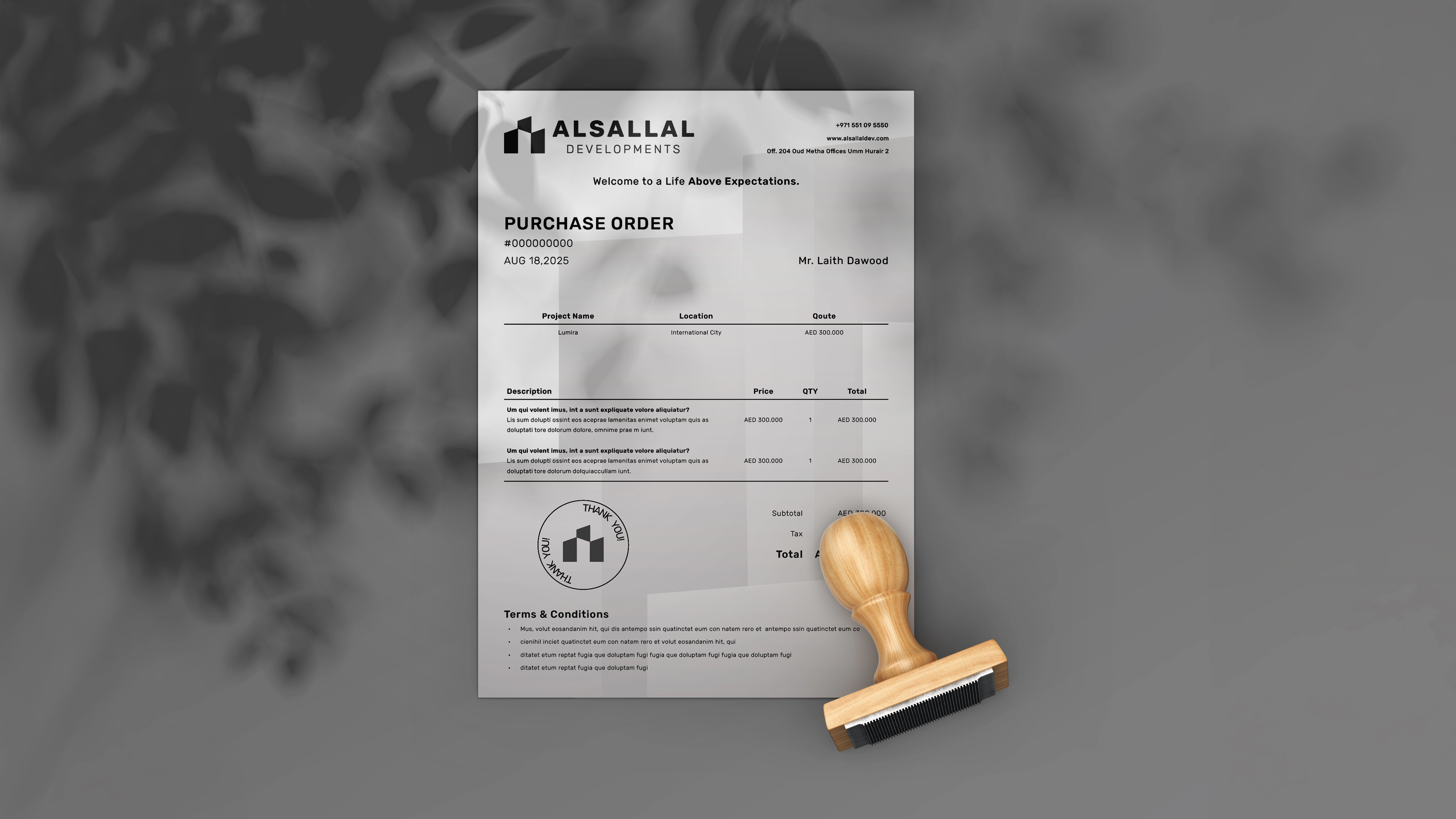 Monochrome Alsallal Developments purchase order template with a restrained gray architectural treatment.