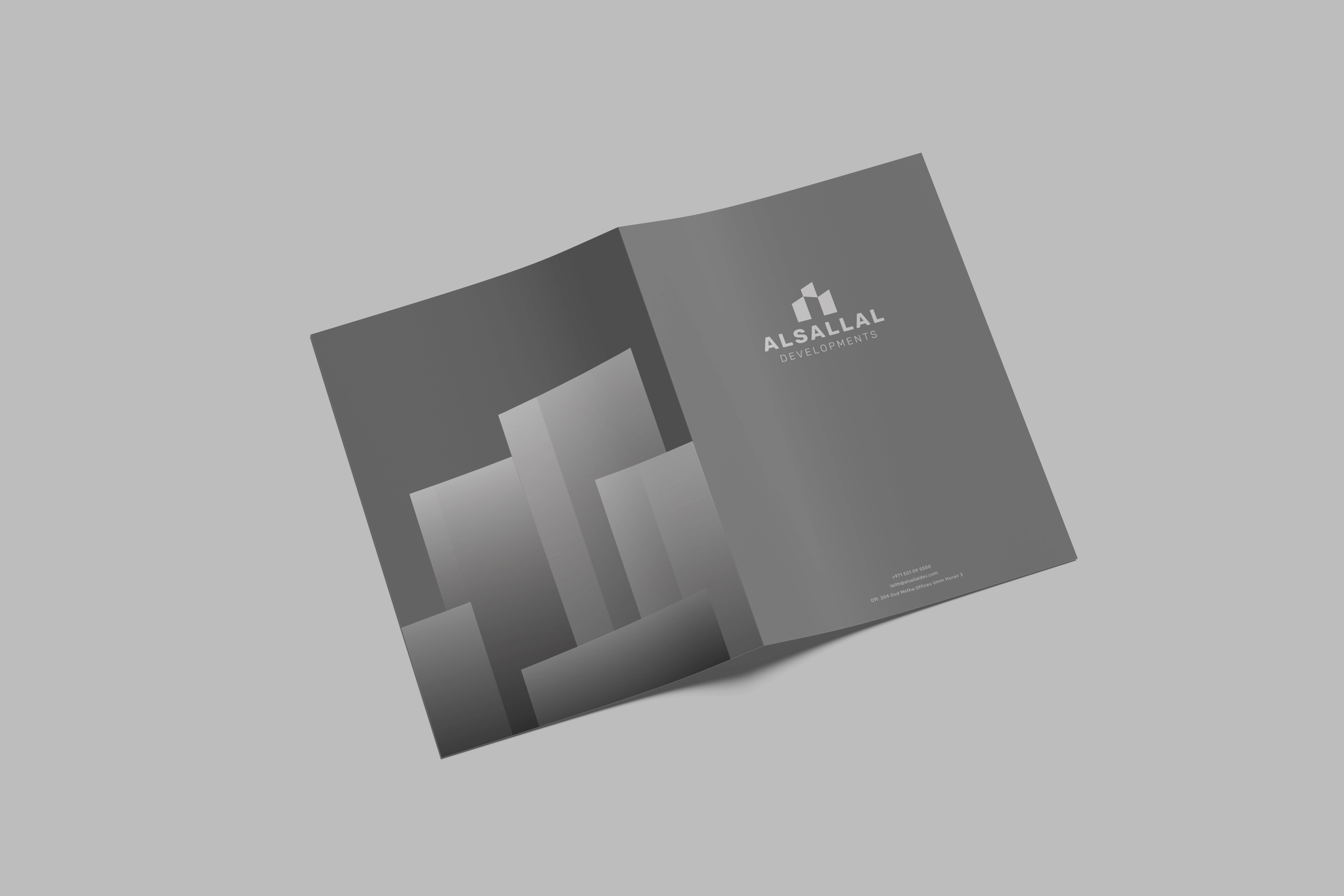 Open Alsallal Developments presentation folder in the architectural monochrome visual application concept.