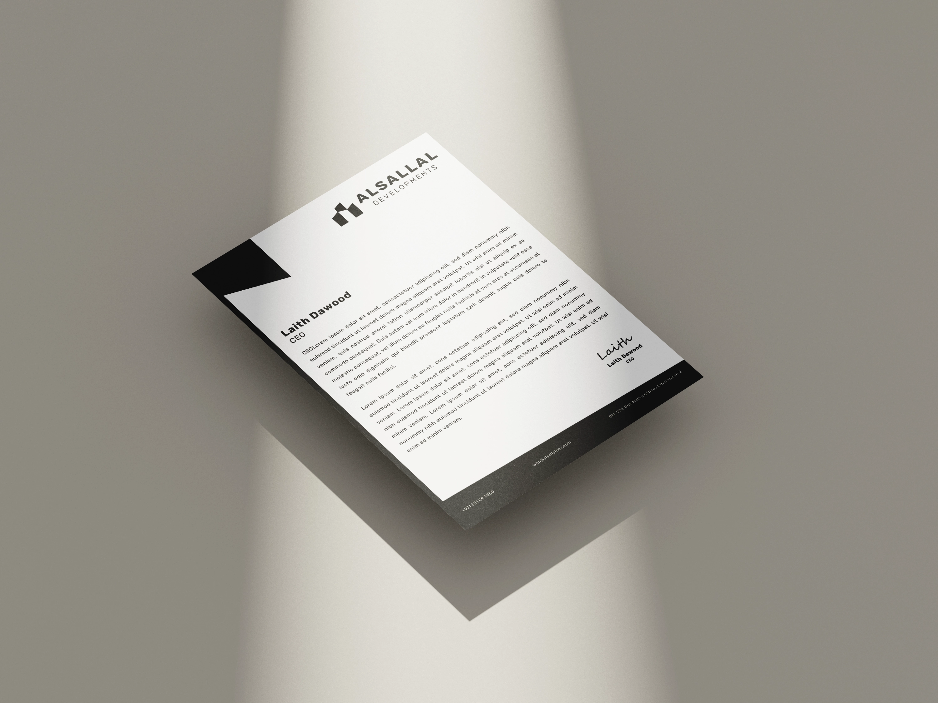 Black and white Alsallal Developments letterhead stack with a bold charcoal border system.