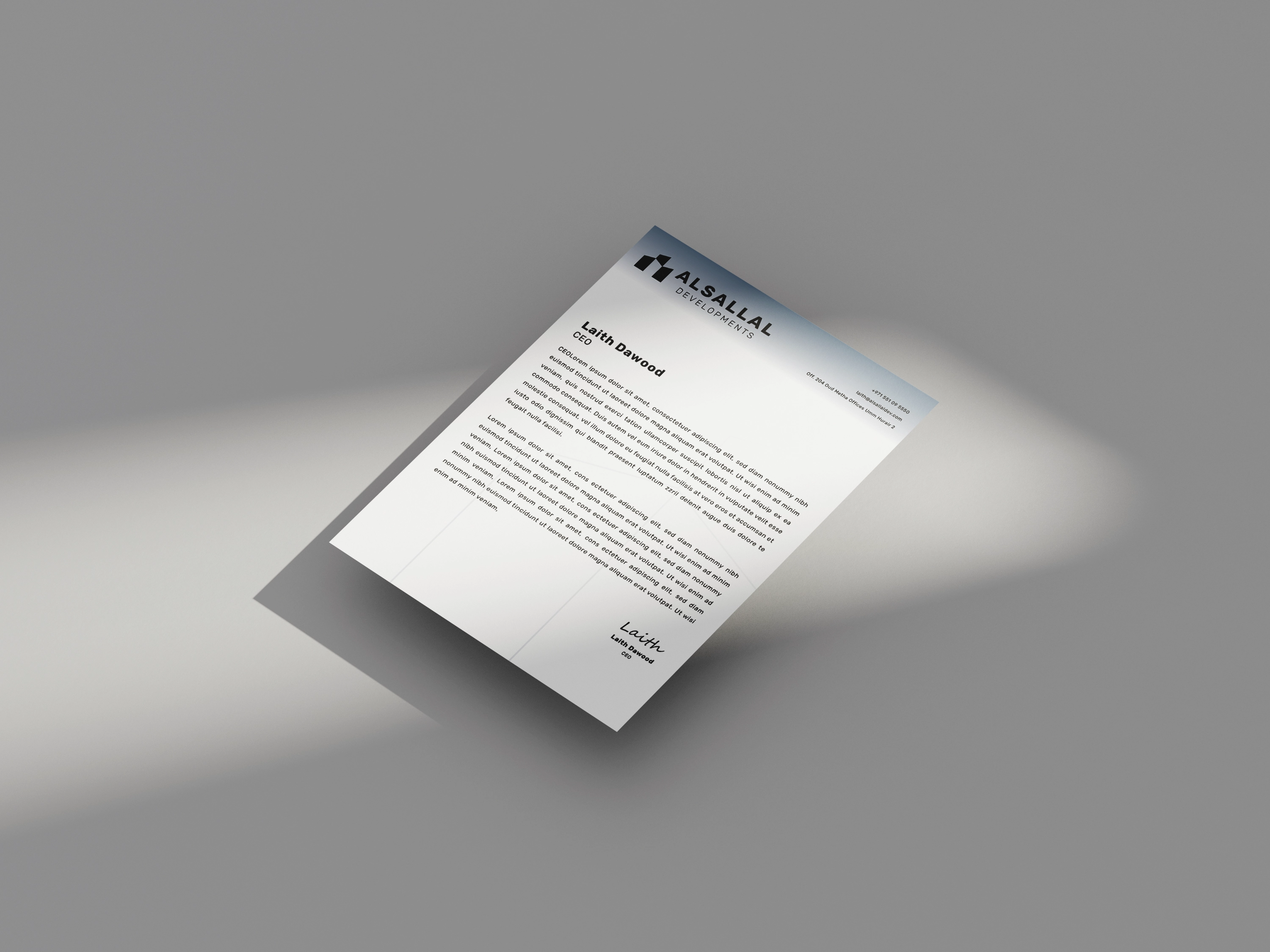 Slate and white Alsallal Developments letterhead using the skyline silver application concept.
