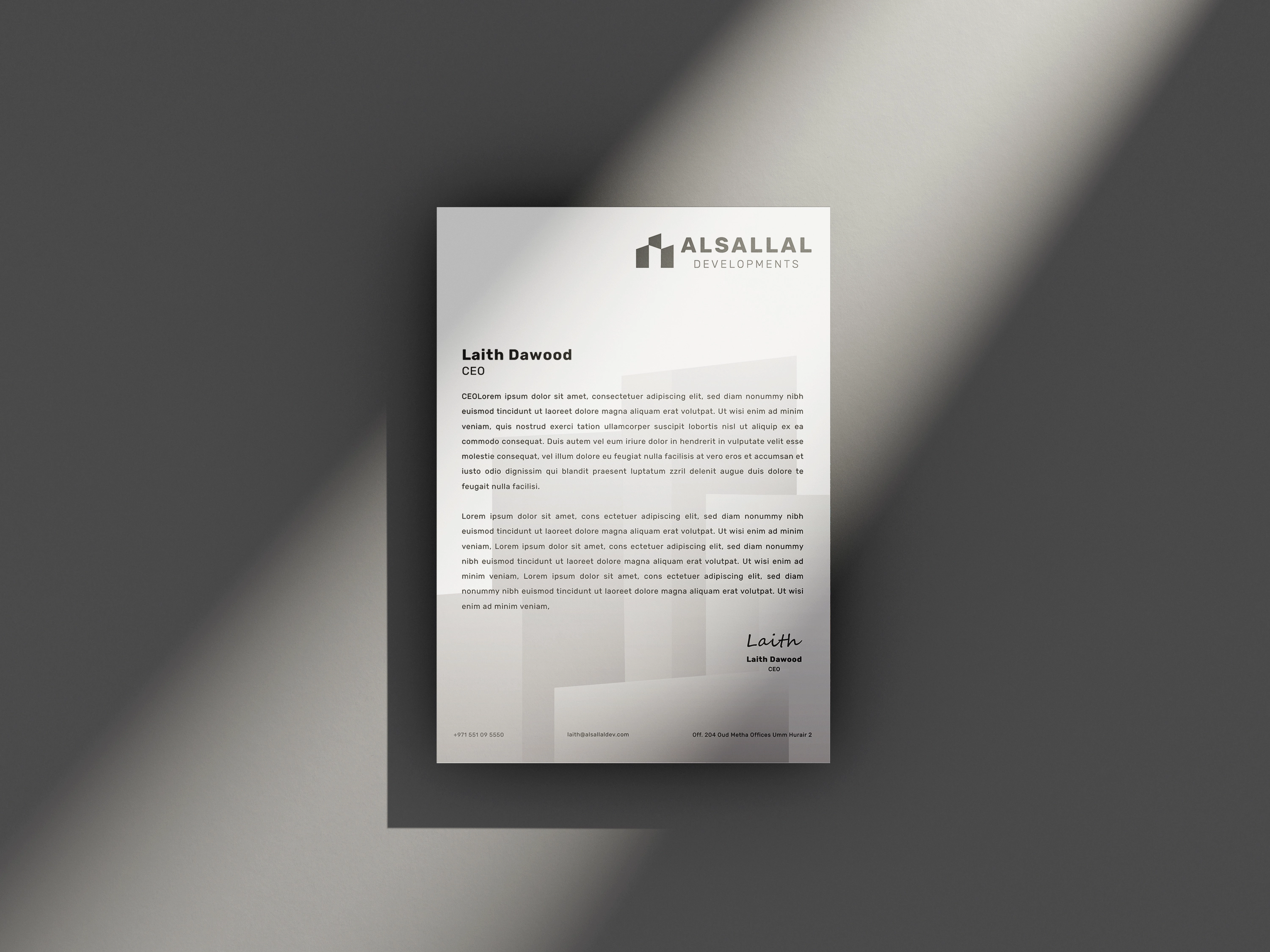 Ivory Alsallal Developments letterhead with copper corner details and generous document space.
