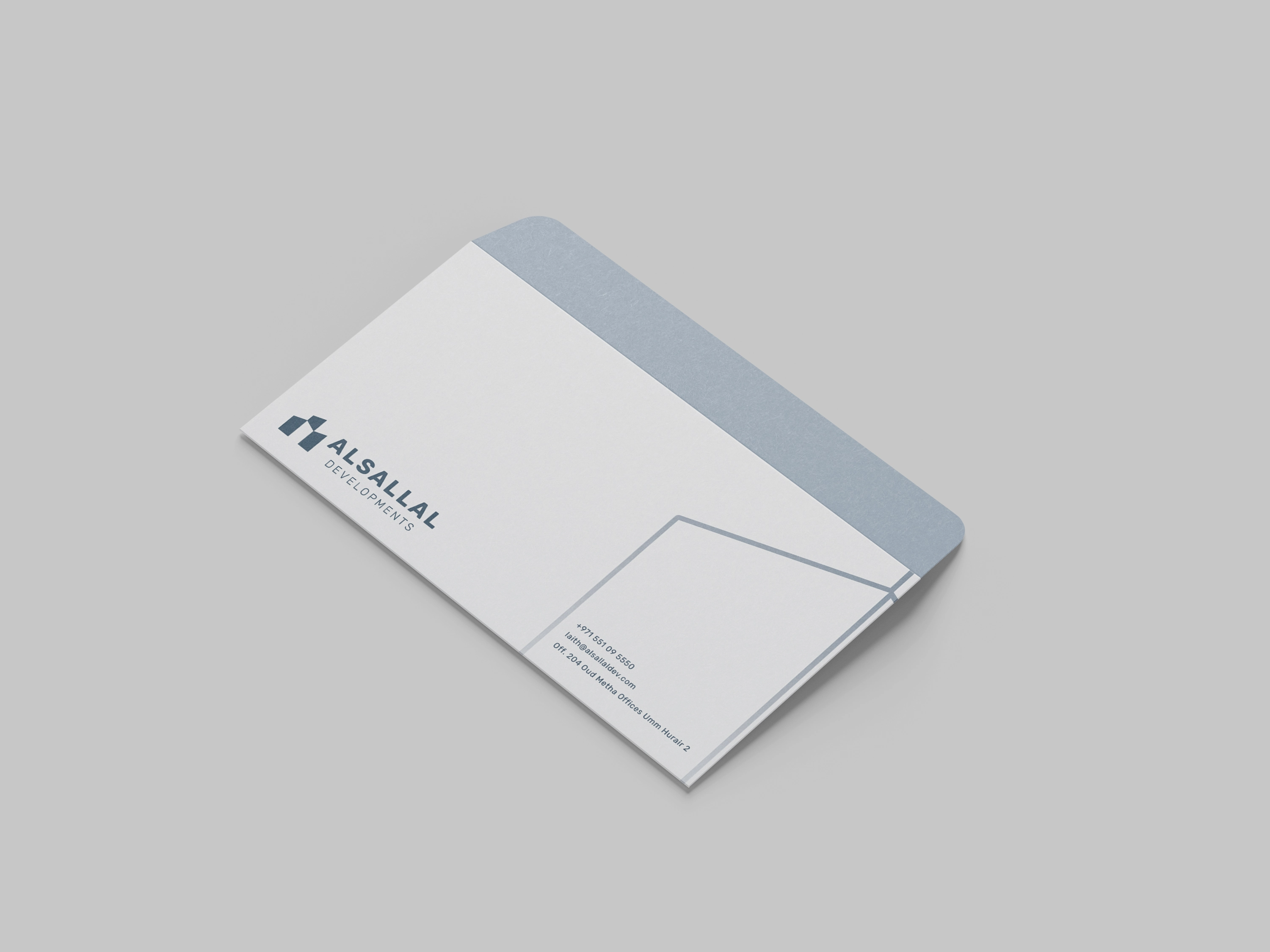 Light gray Alsallal Developments envelope with a slate flap and geometric corner linework.