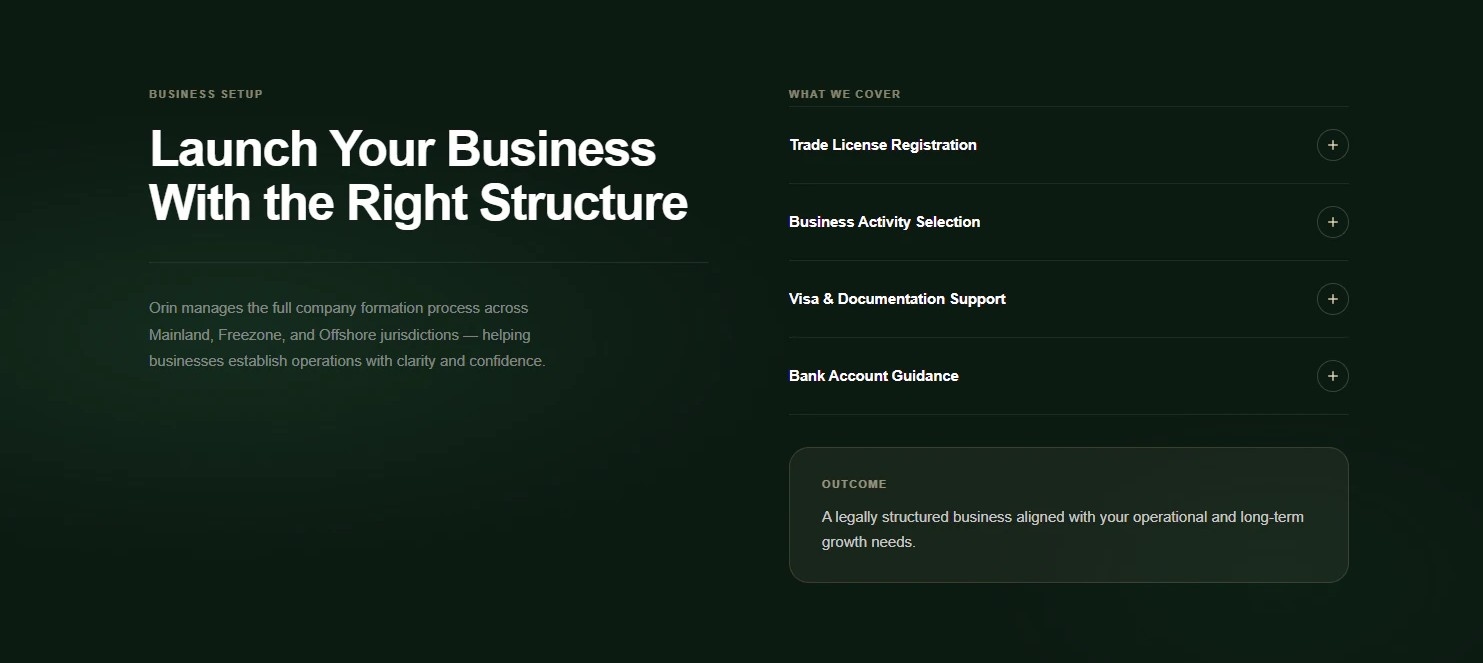 Orin UAE business setup services covering trade licenses, activity selection, visa documentation, and bank account guidance.