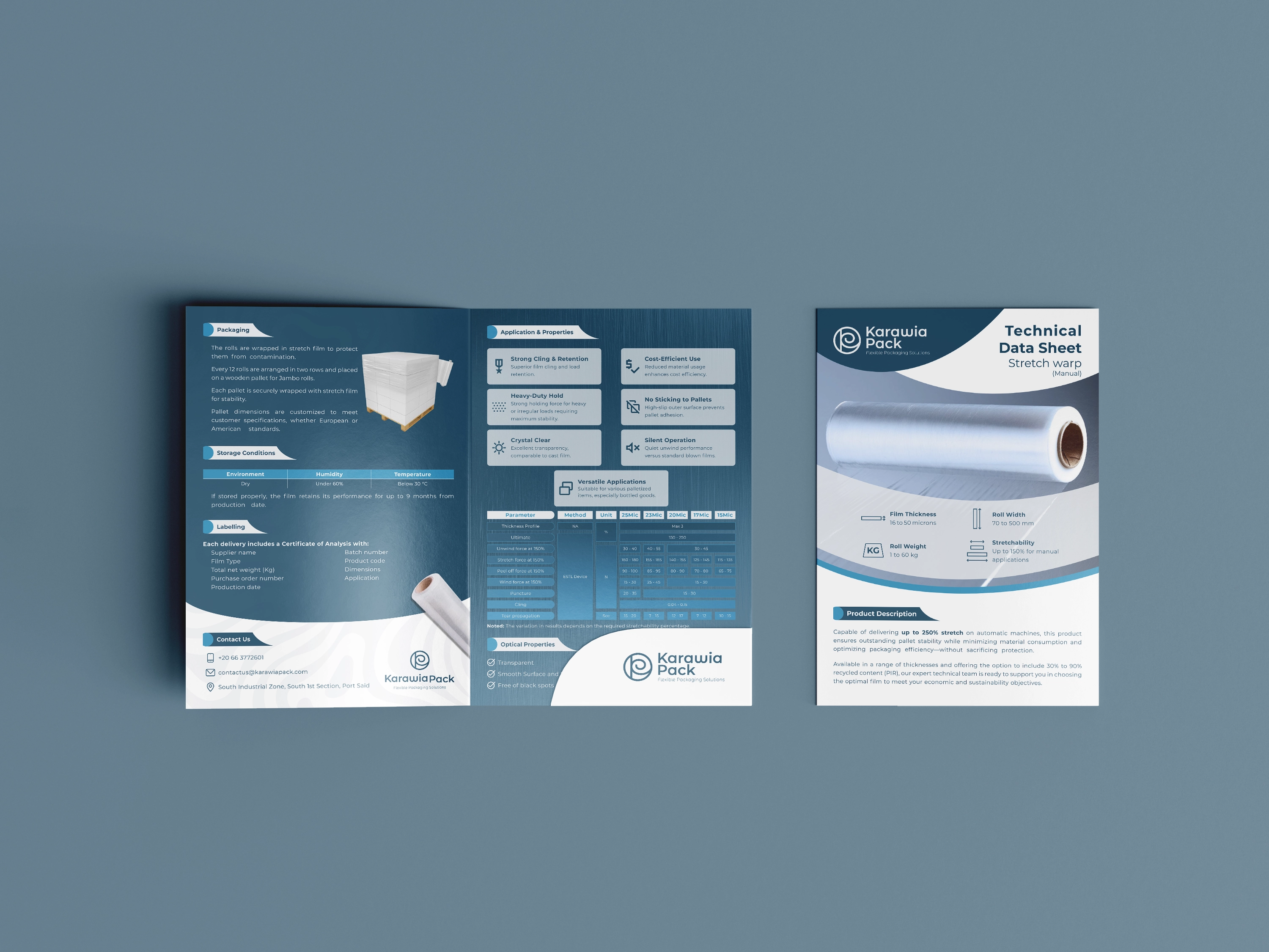 Three-page Karawia Pack stretch wrap technical data sheet presented together in a wide mockup.