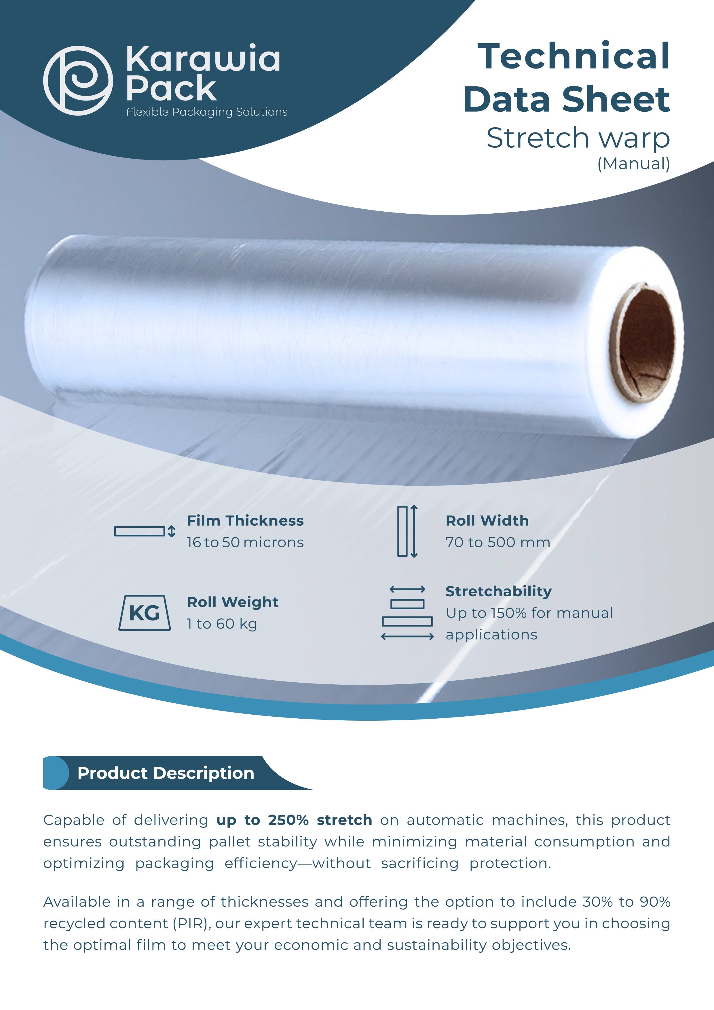 Front page of the Karawia Pack stretch wrap technical data sheet with a product roll, key measurements, and product description.