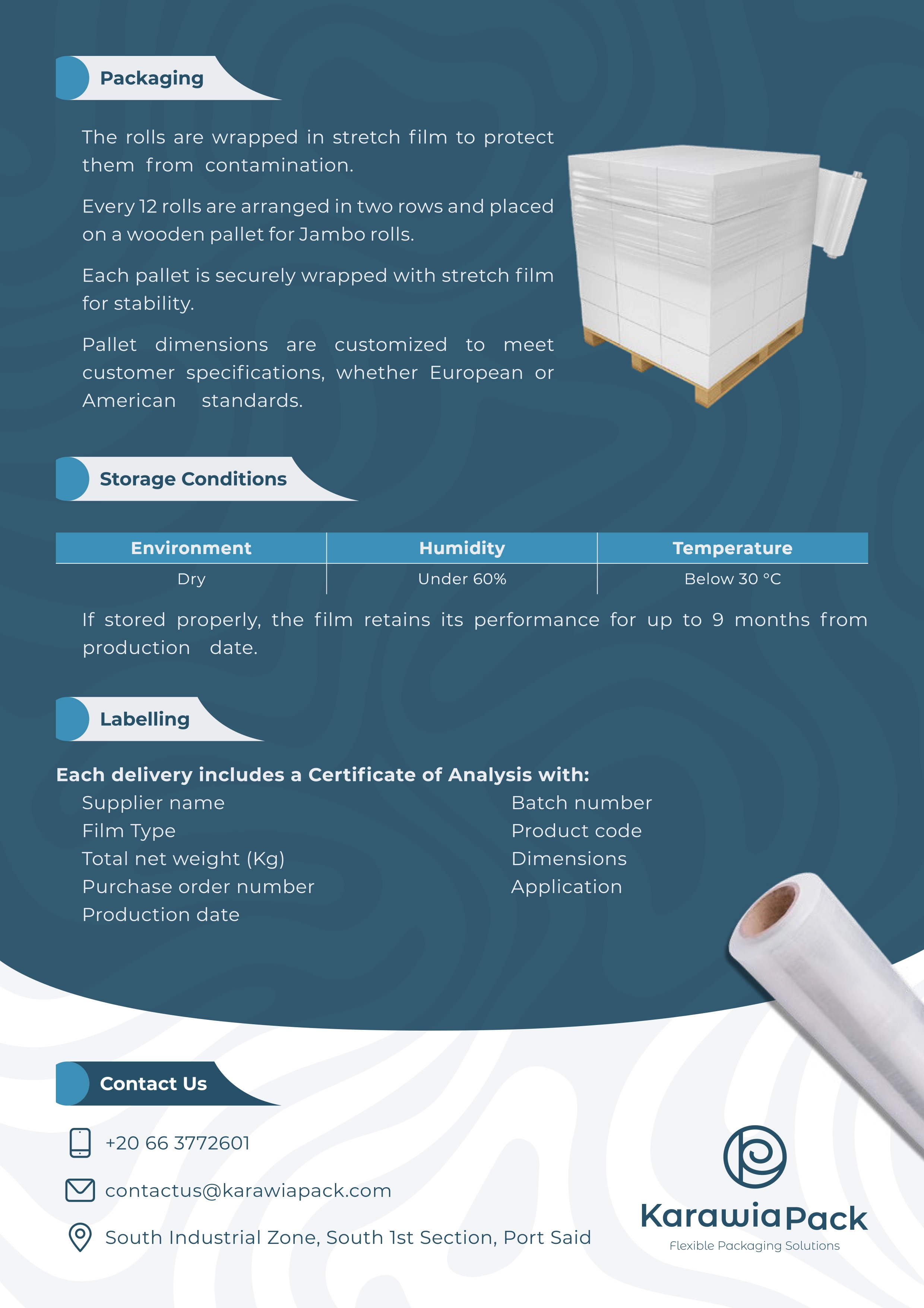 Karawia Pack technical data sheet page presenting stretch wrap packaging, storage guidance, labeling, and contact details.