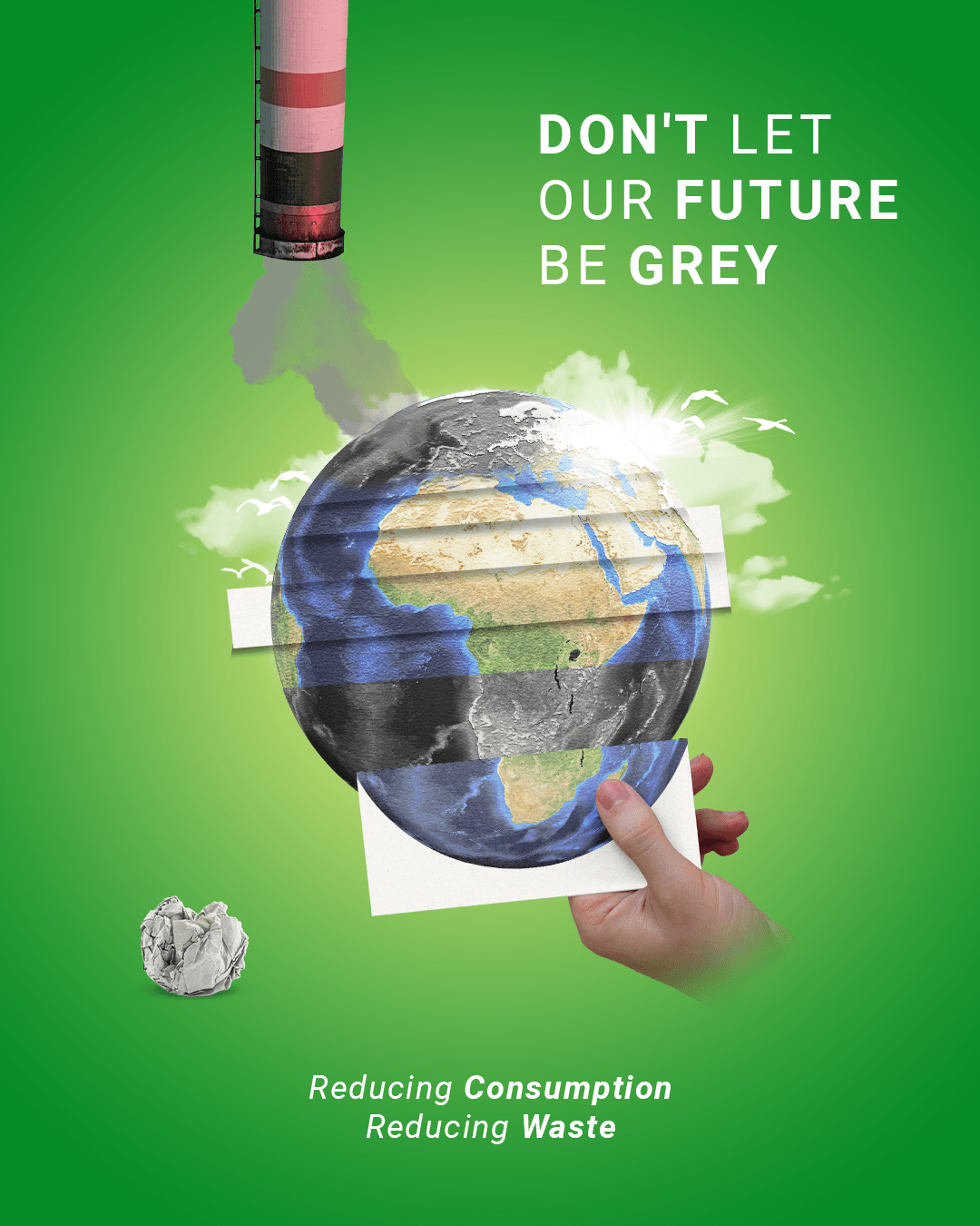 Green Nestlé sustainability poster with a light switch above a globe and the message Don't Let Our Future Be Grey.