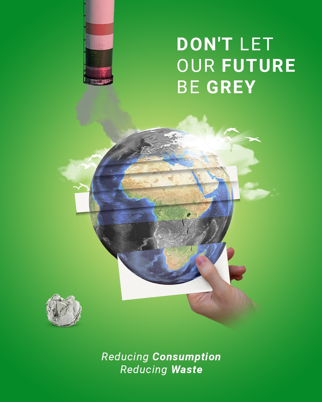 Green Nestlé sustainability poster with a light switch above a globe and the message Don't Let Our Future Be Grey.