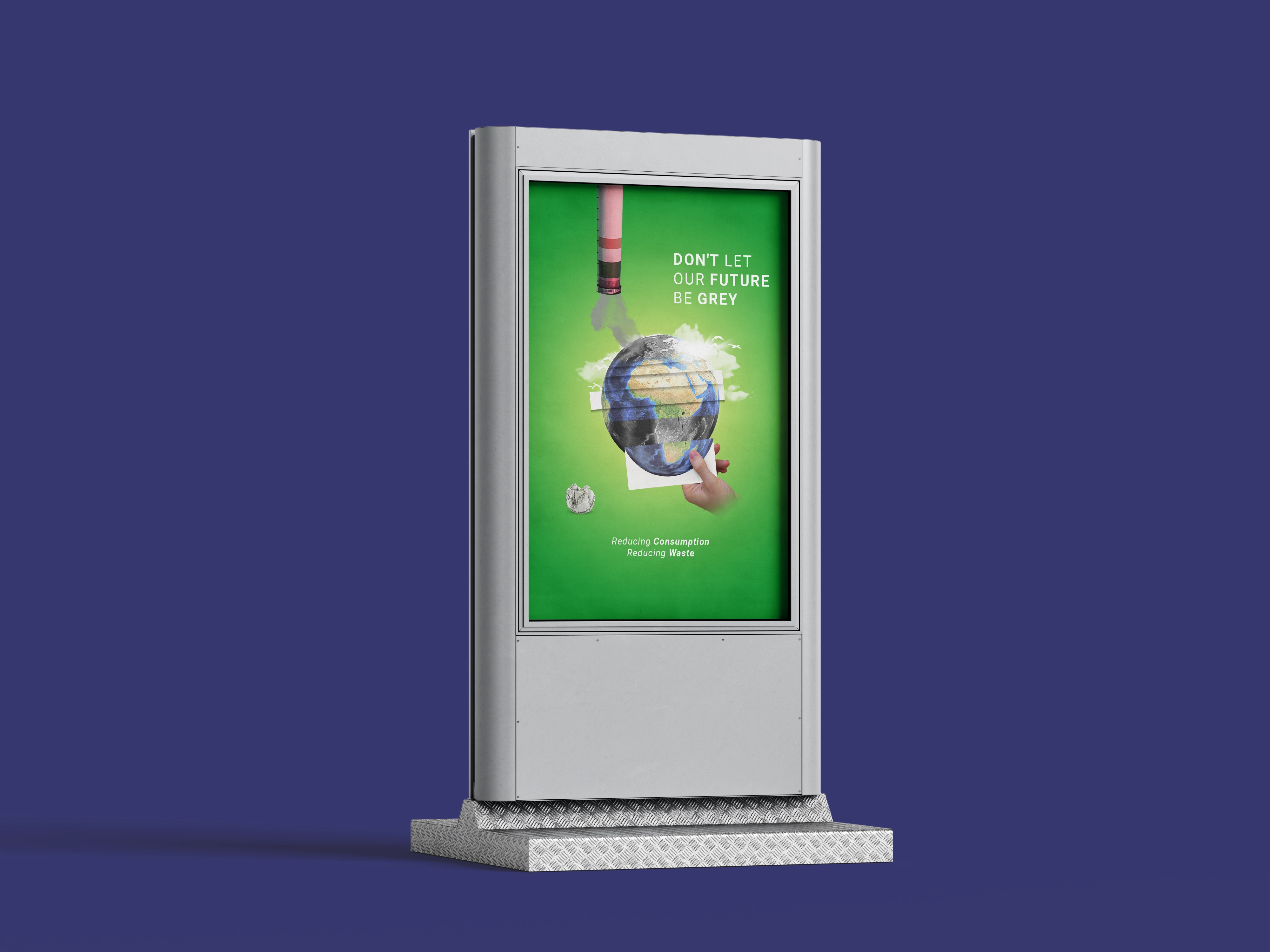 Nestlé sustainability poster displayed in a freestanding citylight advertising mockup against a deep blue background.