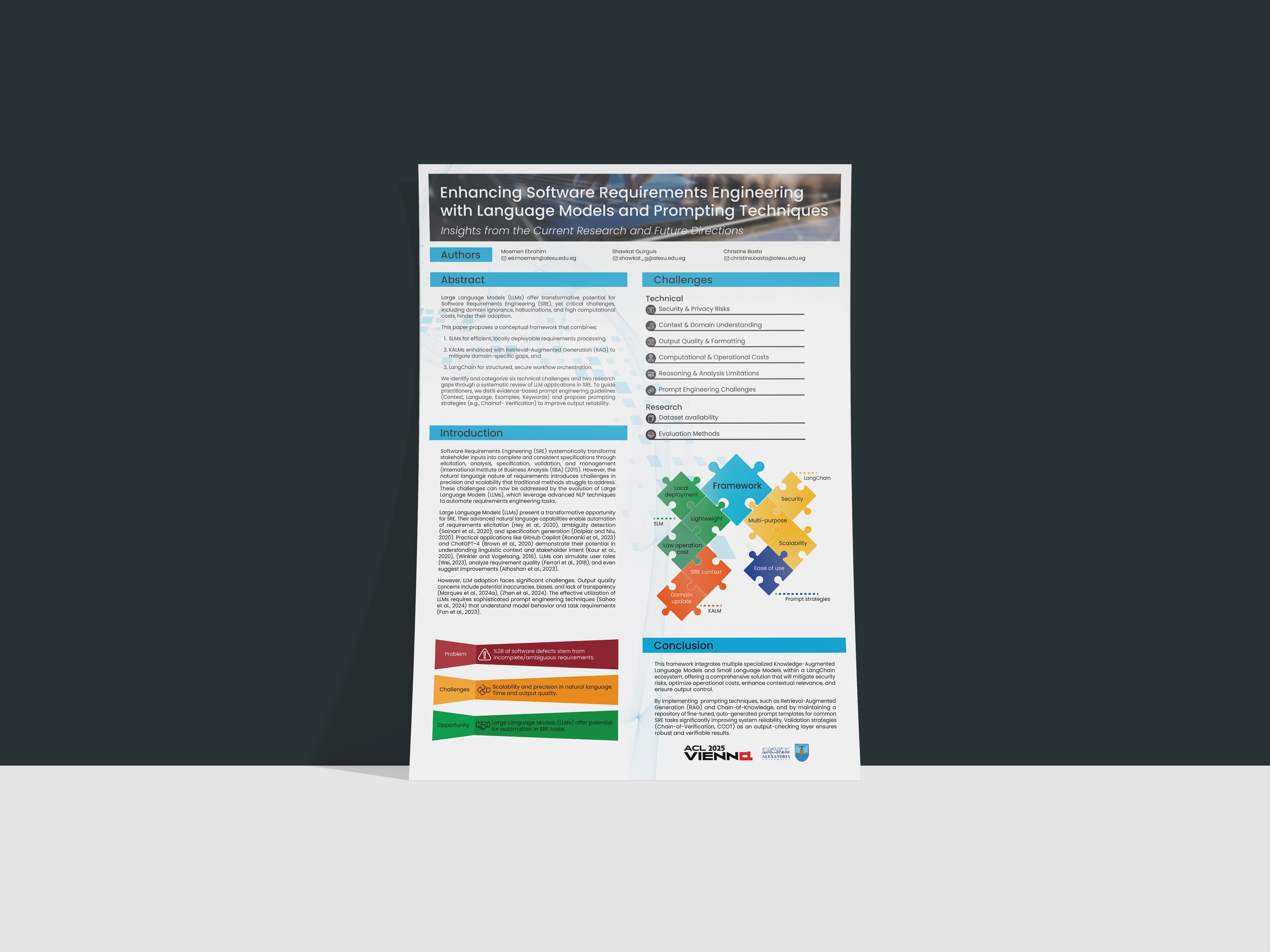 Academic research poster about enhancing software requirements engineering with language models and prompting techniques.