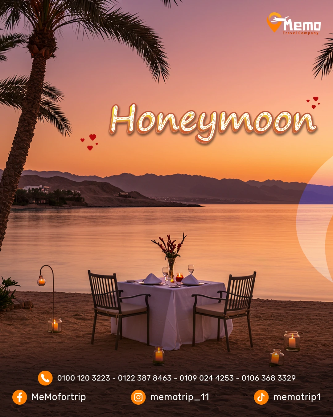 Memo Travel honeymoon design showing a candlelit table beside the water at sunset.
