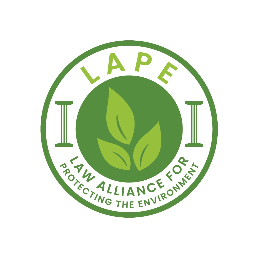 LAPE circular green identity with a leaf, legal pillars, and the alliance name.