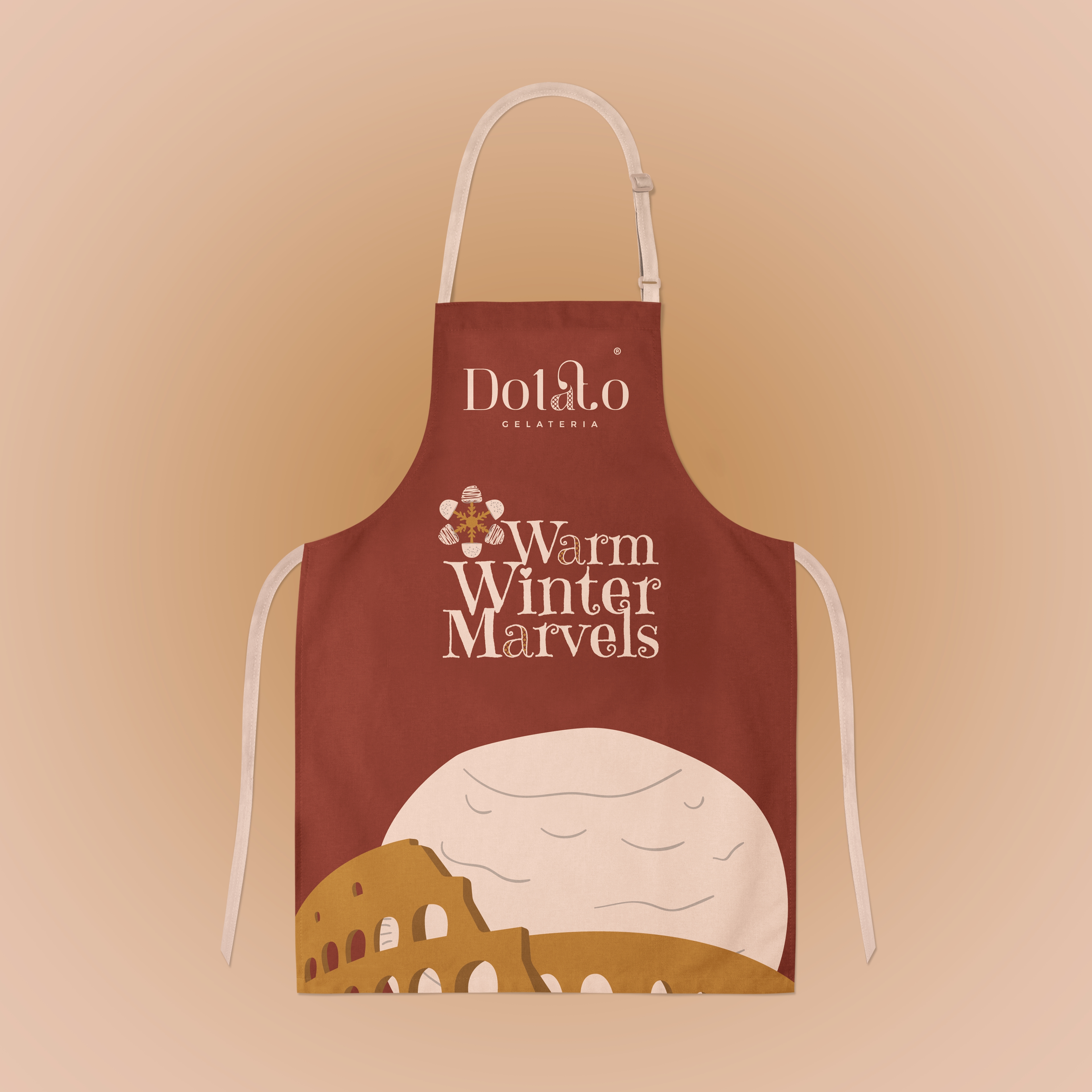 Burgundy Dolato Gelateria apron mockup featuring the Warm Winter Marvels theme mark and Italian-inspired winter illustration.