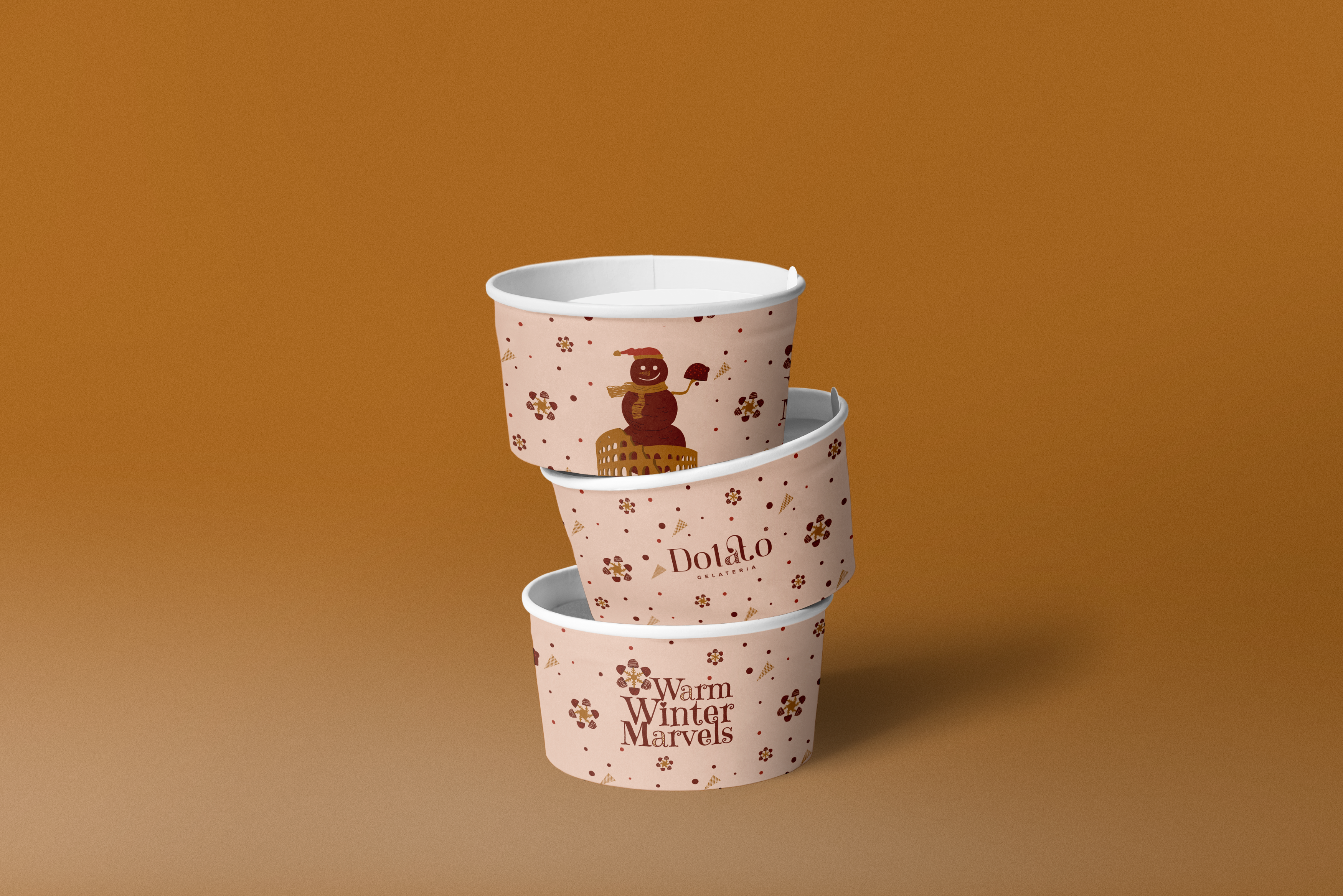 Stacked Dolato gelato cup mockups featuring the Warm Winter Marvels seasonal pattern and character.