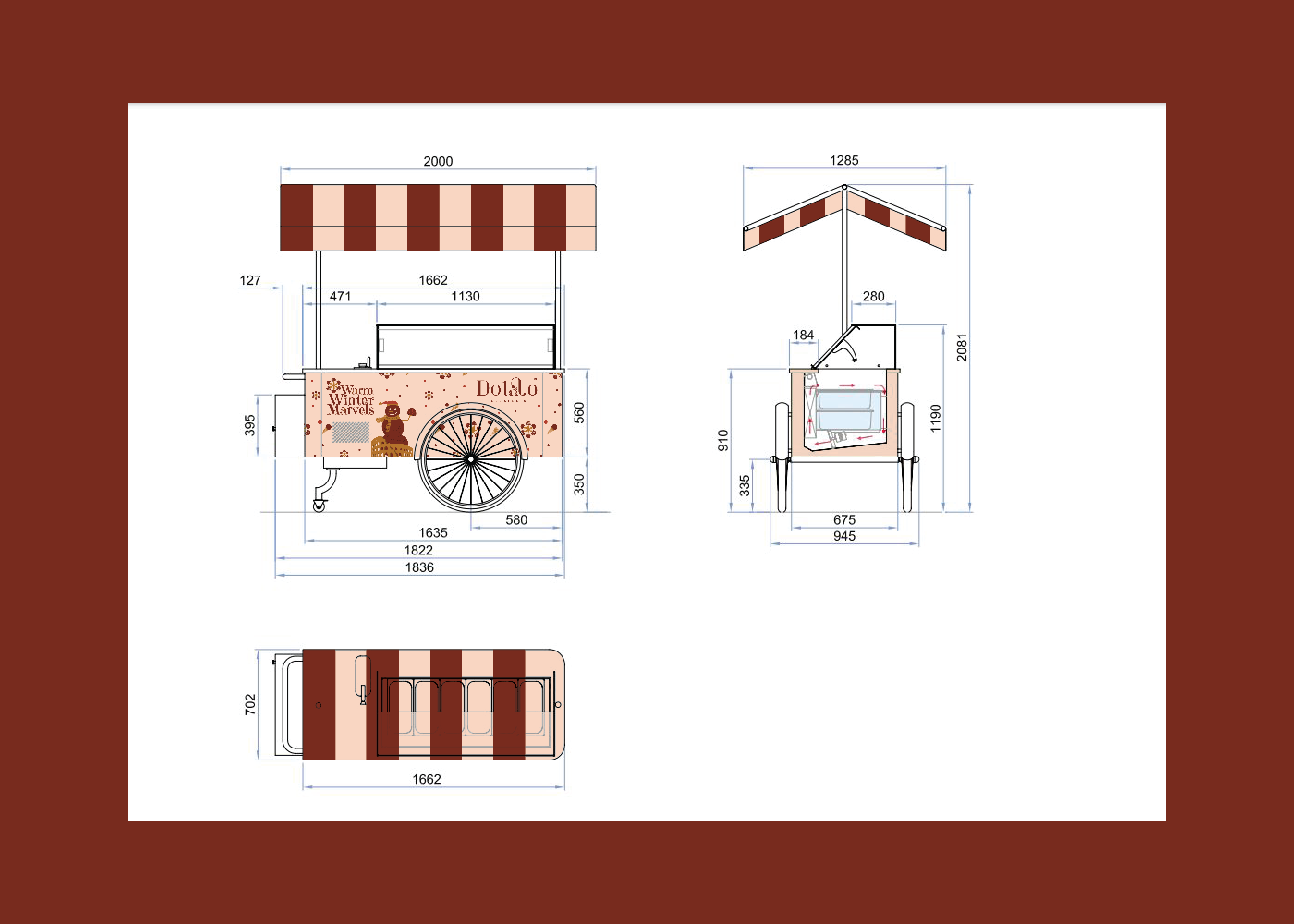 Dimensioned front, side, and top views showing the proposed Warm Winter Marvels artwork on a Dolato events cart.