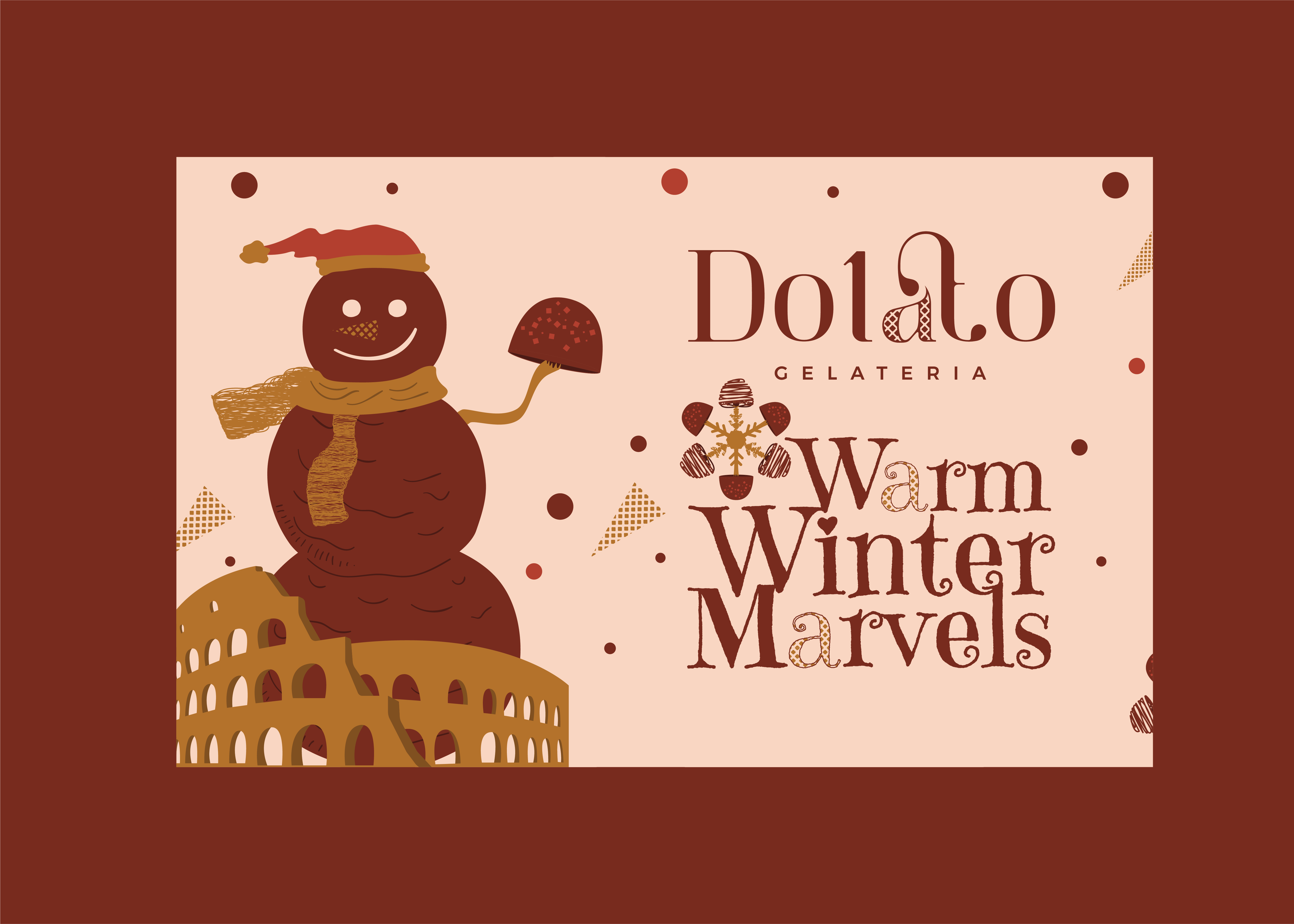 Dolato photo backdrop concept featuring a chocolate-colored snow character above the Colosseum, beside the campaign theme mark.