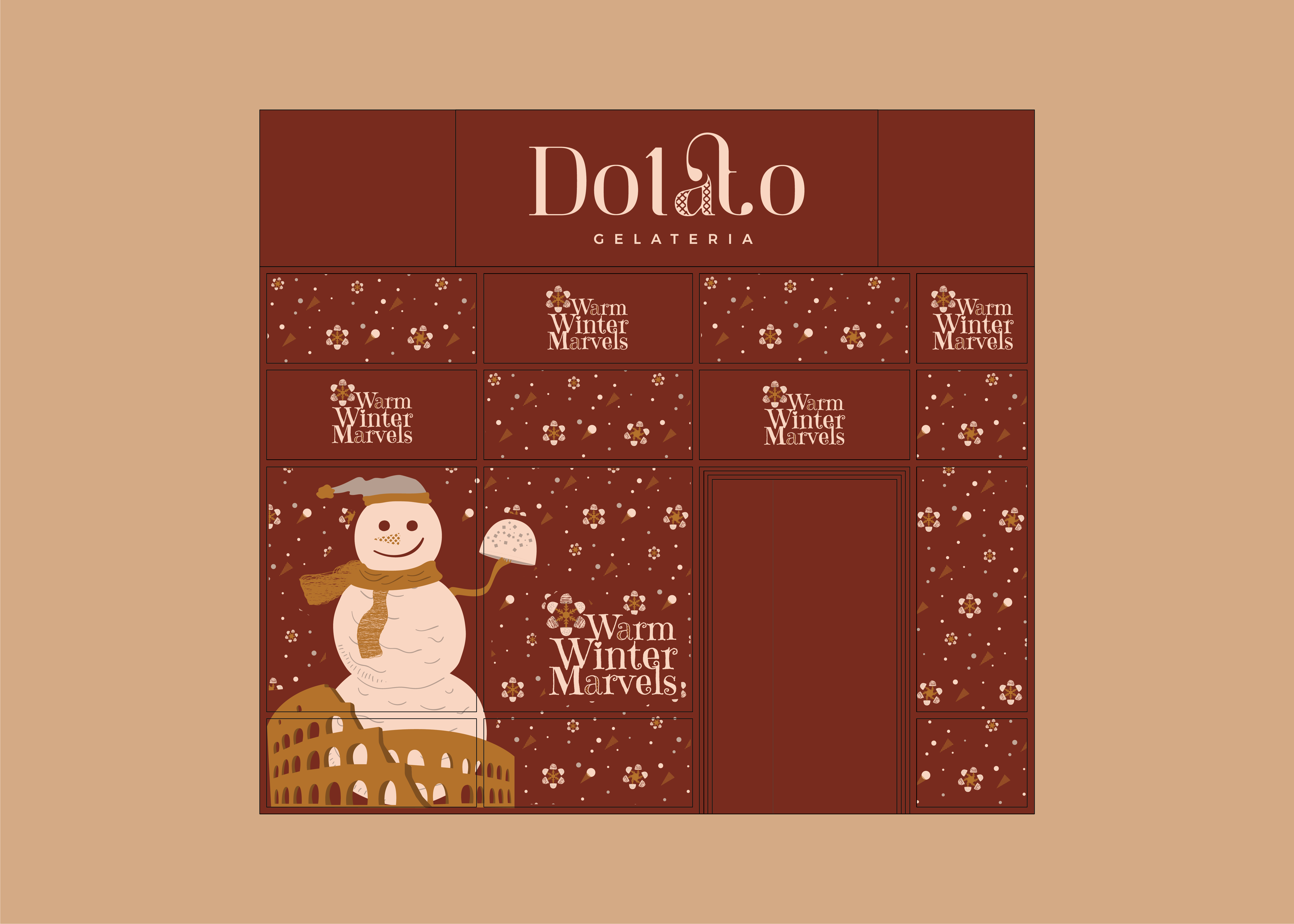 Store window concept applying Warm Winter Marvels lettering, a snow character, and the Colosseum across the Dolato Gelateria facade.