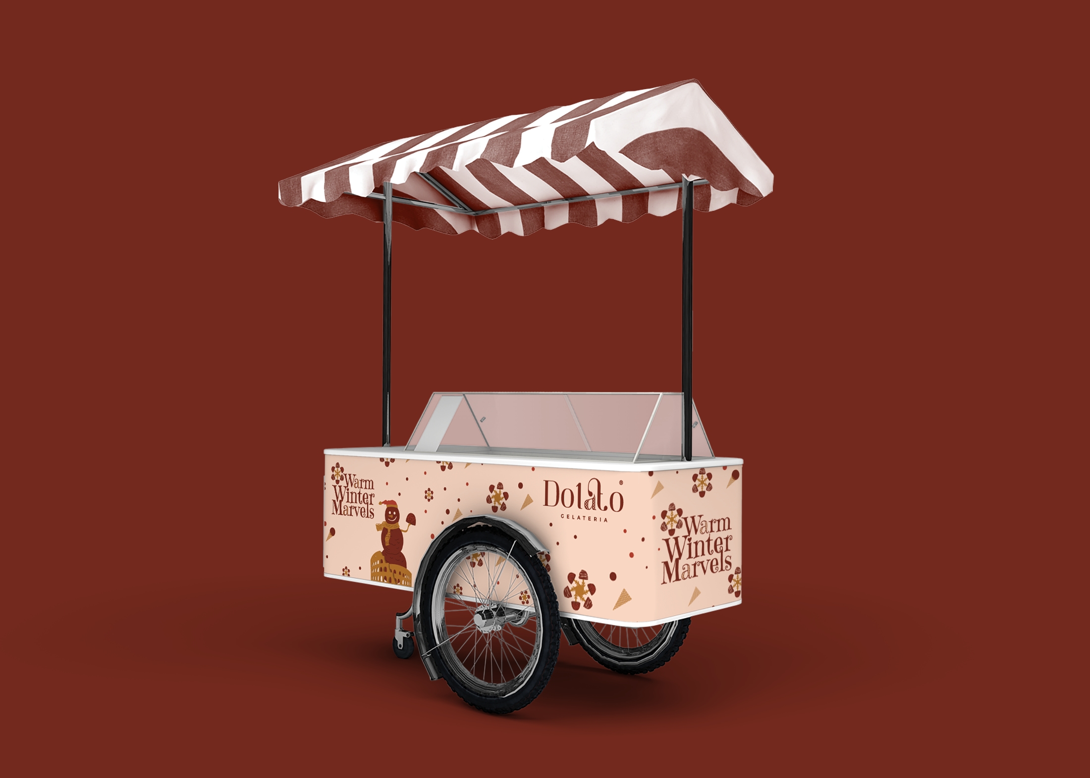 Dolato event cart mockup with a striped canopy and Warm Winter Marvels seasonal artwork wrapped around its body.