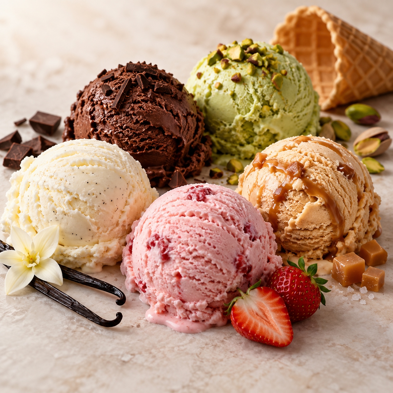 Assorted gelato scoops used as a product and color reference for the Dolato campaign.