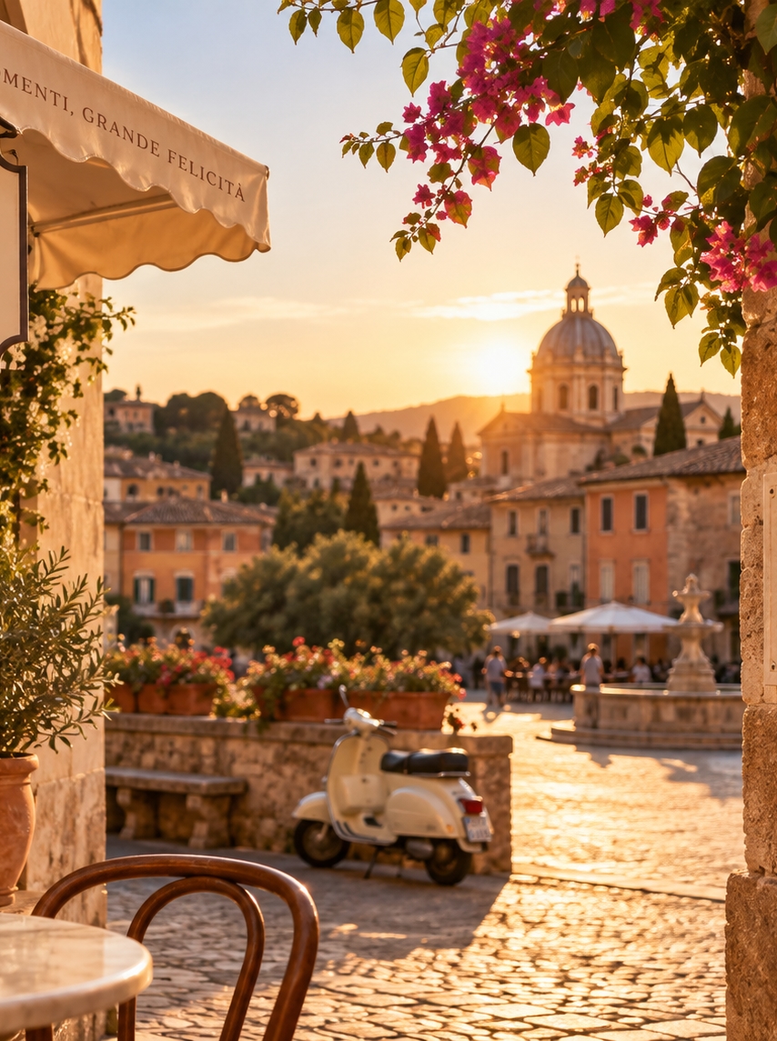 Warm golden-hour Italian street used as atmosphere inspiration for the Dolato winter campaign.