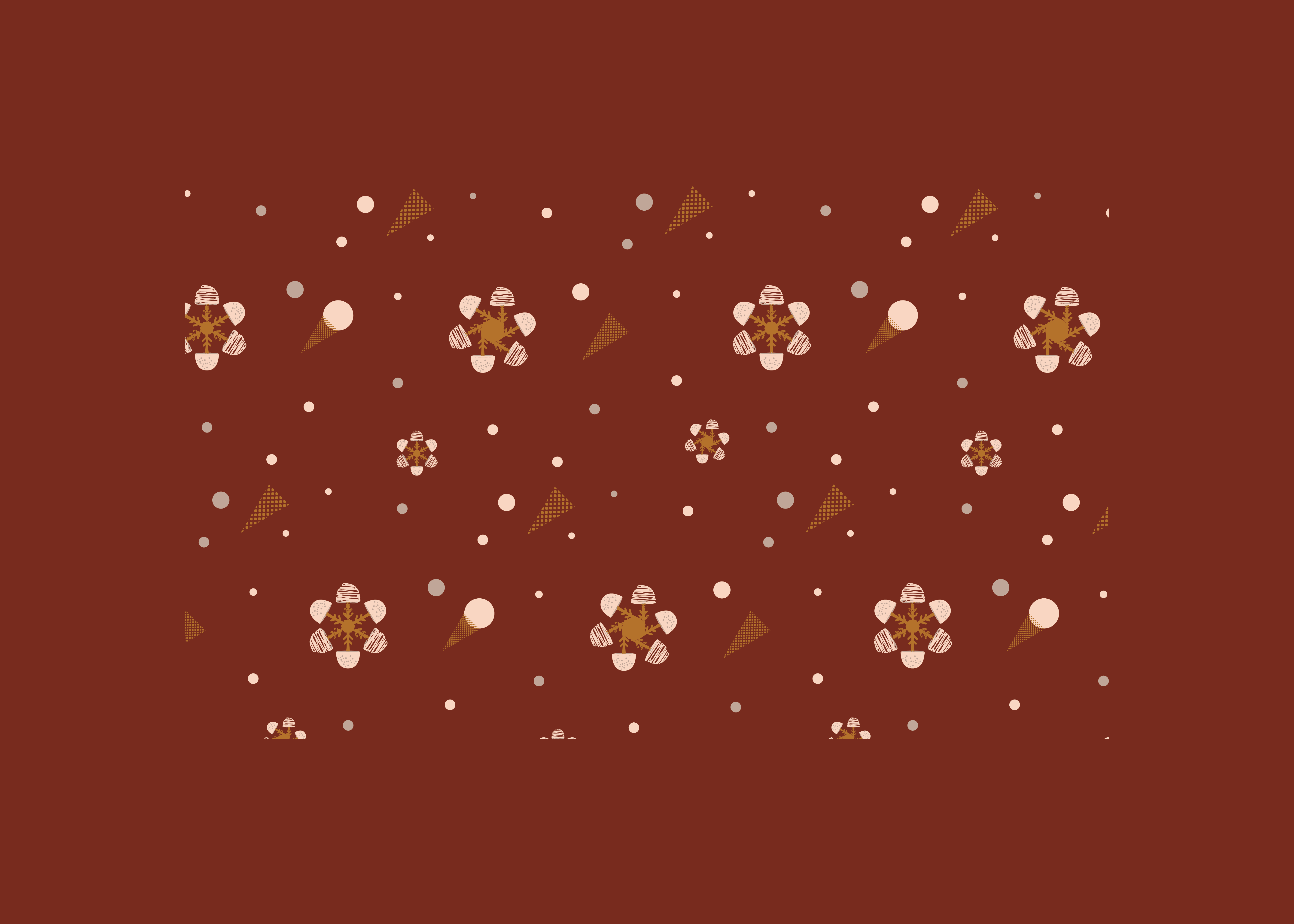 Warm Winter Marvels repeat pattern combining Minis-inspired snowflakes, gelato motifs, and cream dots on burgundy.