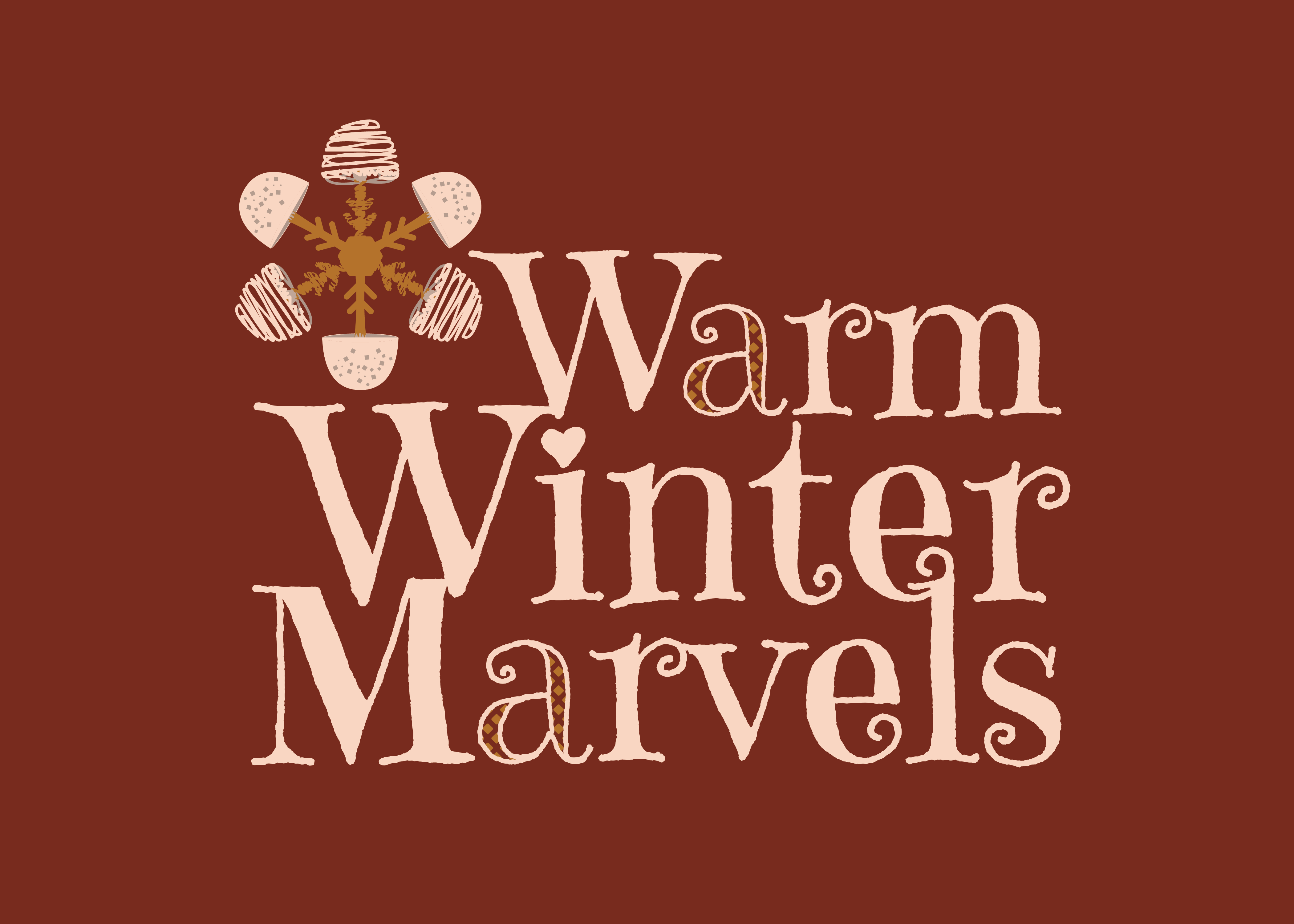 Cream Warm Winter Marvels theme mark and a snowflake symbol made from Dolato Minis on burgundy.