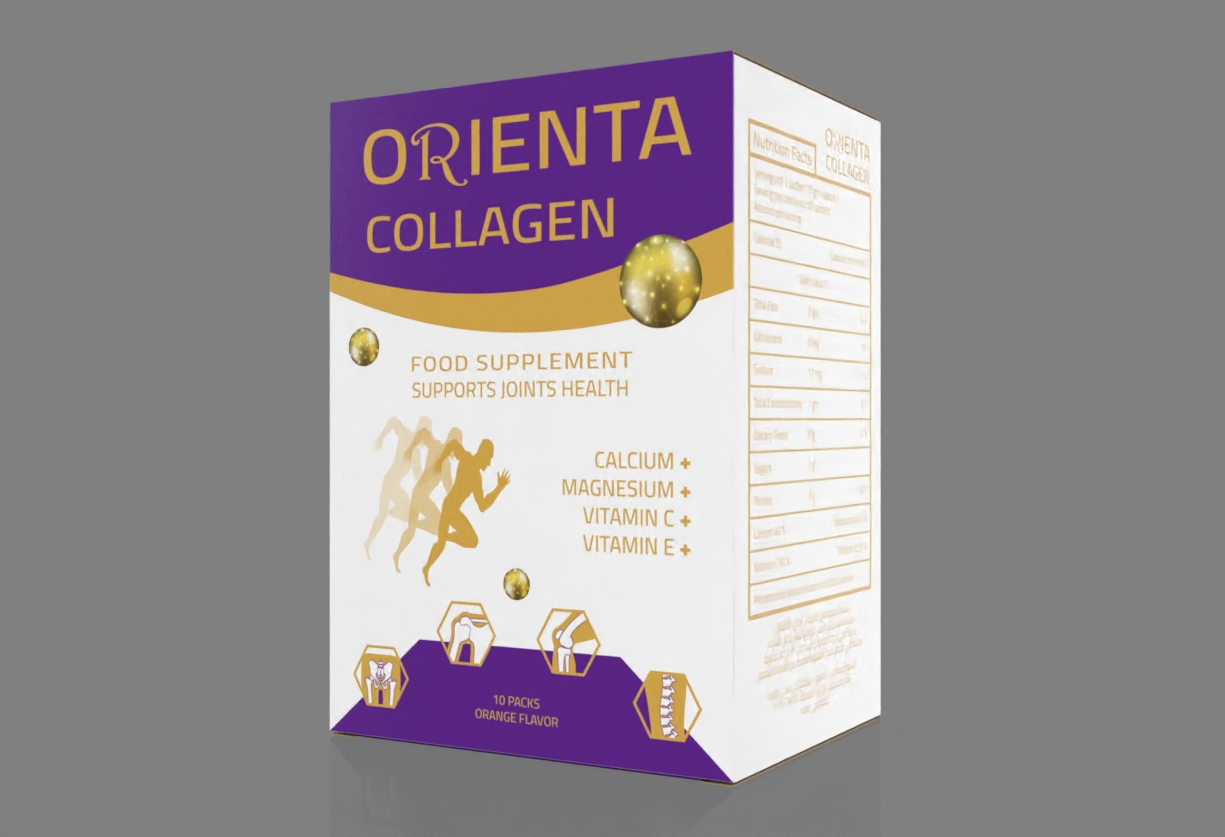 Perspective mockup of the selected Orienta Collagen packaging showing the English front and nutrition panel.