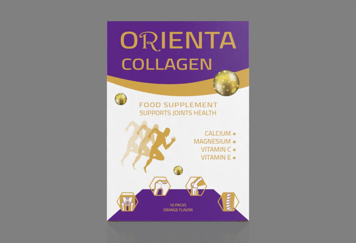 Front view of the selected purple, white, and gold Orienta Collagen packaging design.