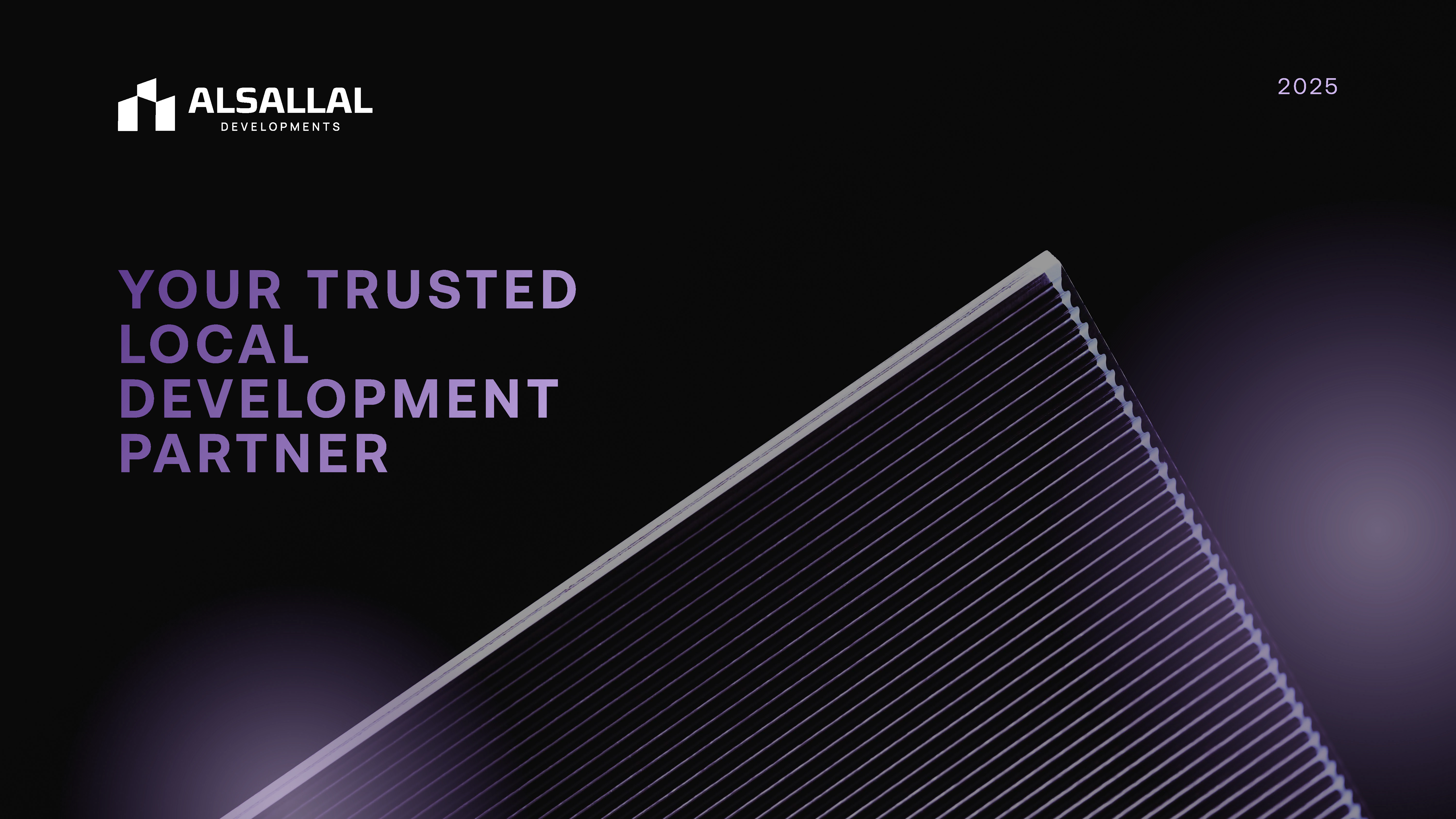 Alsallal Developments investor pitch deck cover with abstract purple architectural forms and the message Your Trusted Local Development Partner.