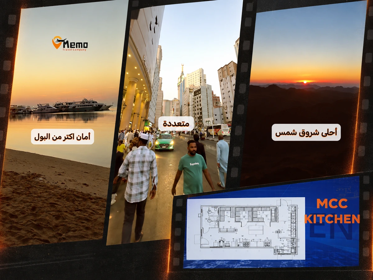 Yasser Nasr motion and video portfolio cover featuring Memo Travel reels for Dahab, Umrah, and Sinai with a Takeya Kitchen campaign video frame.
