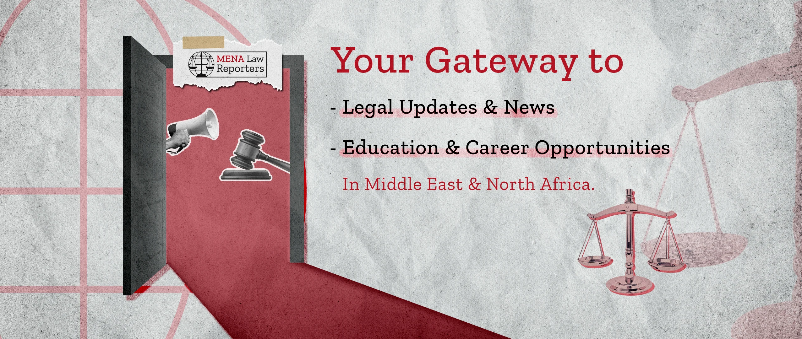 Facebook cover design for MENA Law Reporters, a legal media platform serving the Middle East and North Africa.
