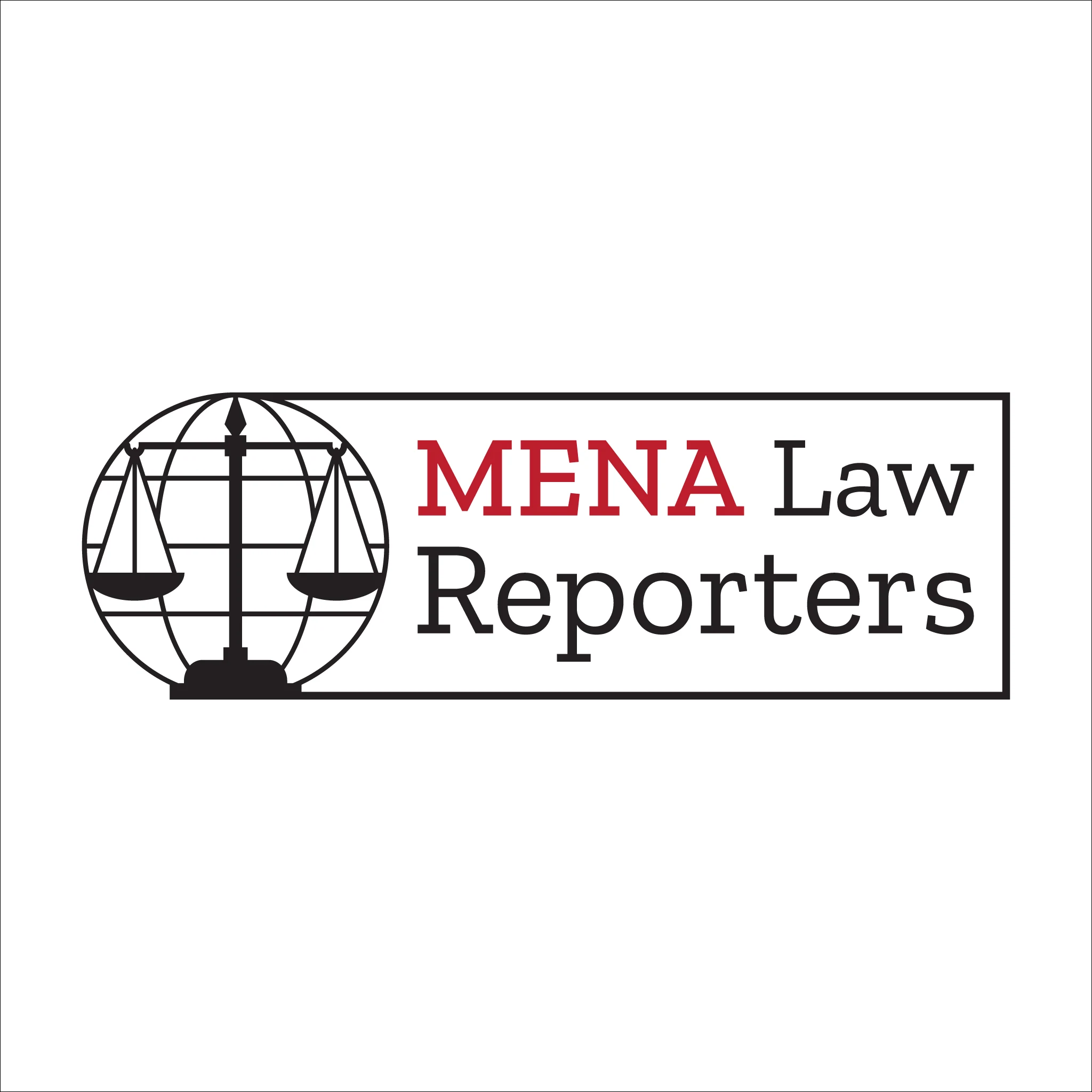 Facebook profile design for MENA Law Reporters featuring its globe, scales, and wordmark.