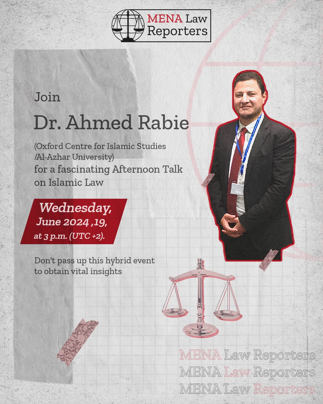 MENA Law Reporters webinar announcement featuring Dr Ahmed Rabie and an online event date.