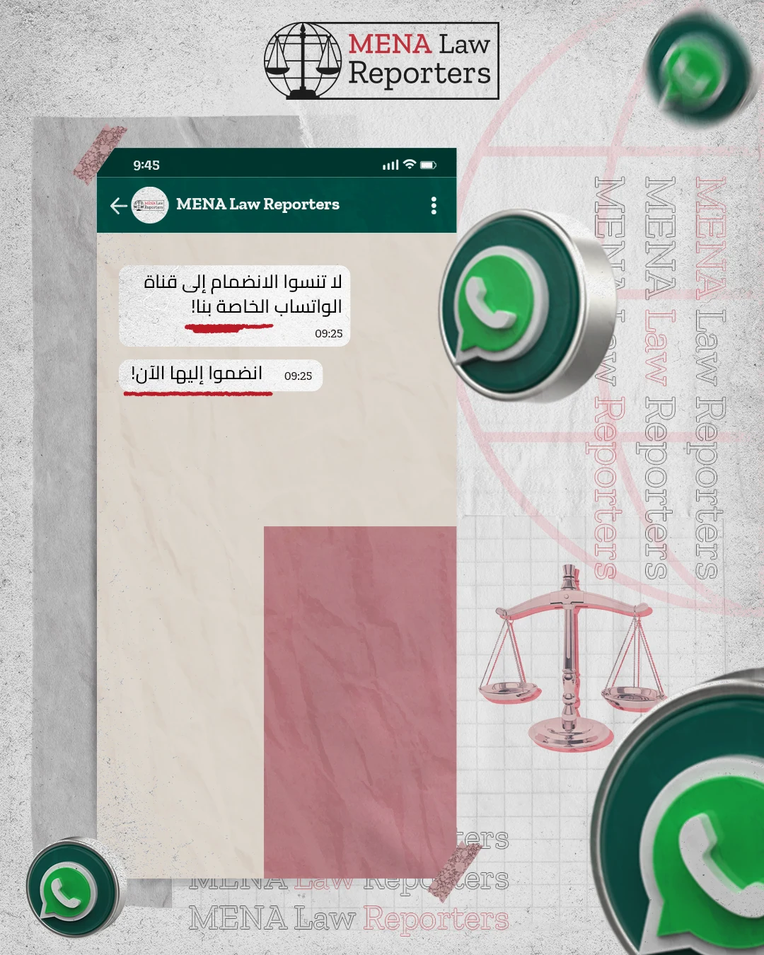 Social media design for MENA Law Reporters promoting its legal updates WhatsApp channel.