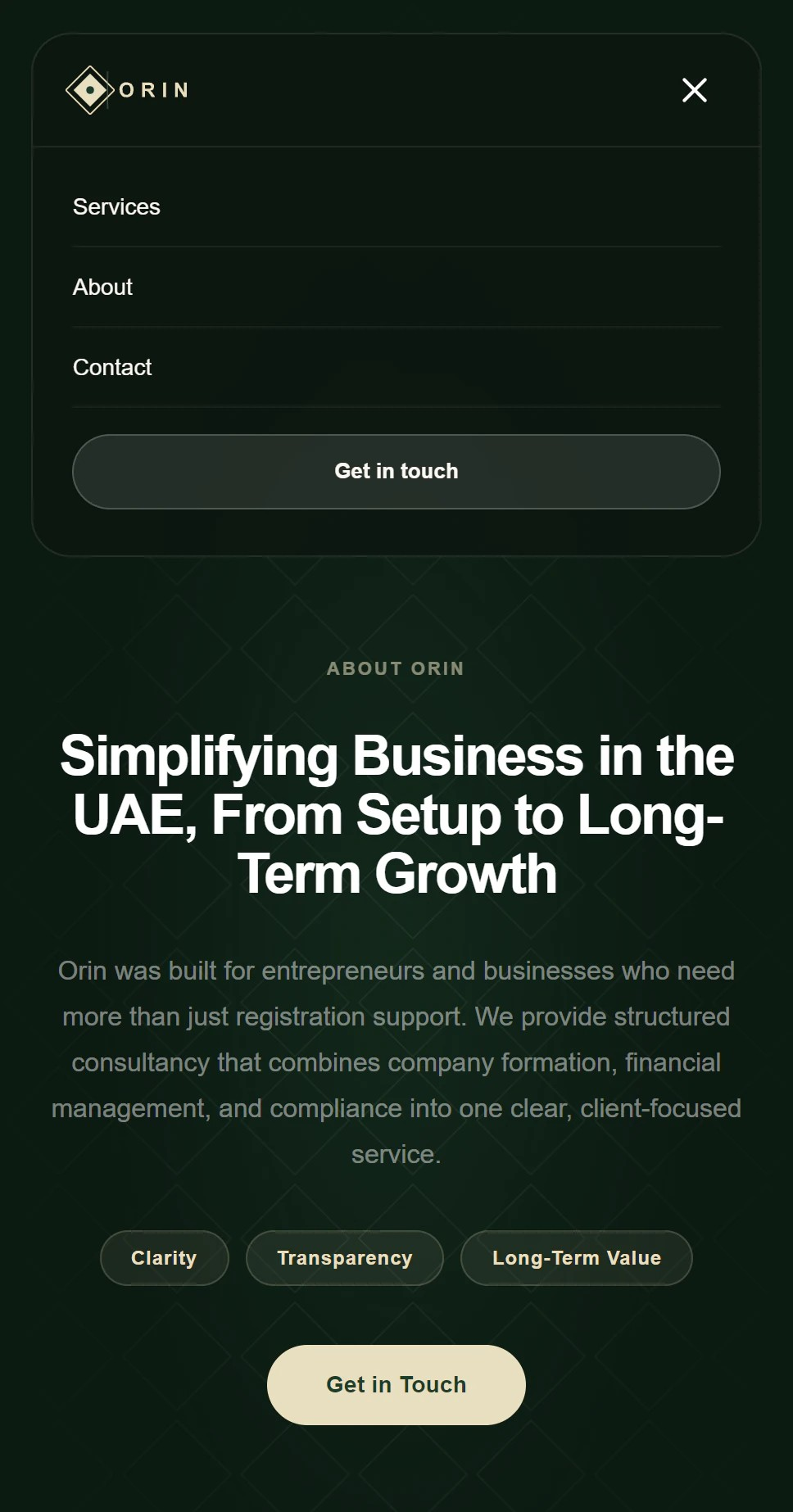 Orin business consultancy mobile About screen focused on simplifying UAE business setup and supporting long-term growth.