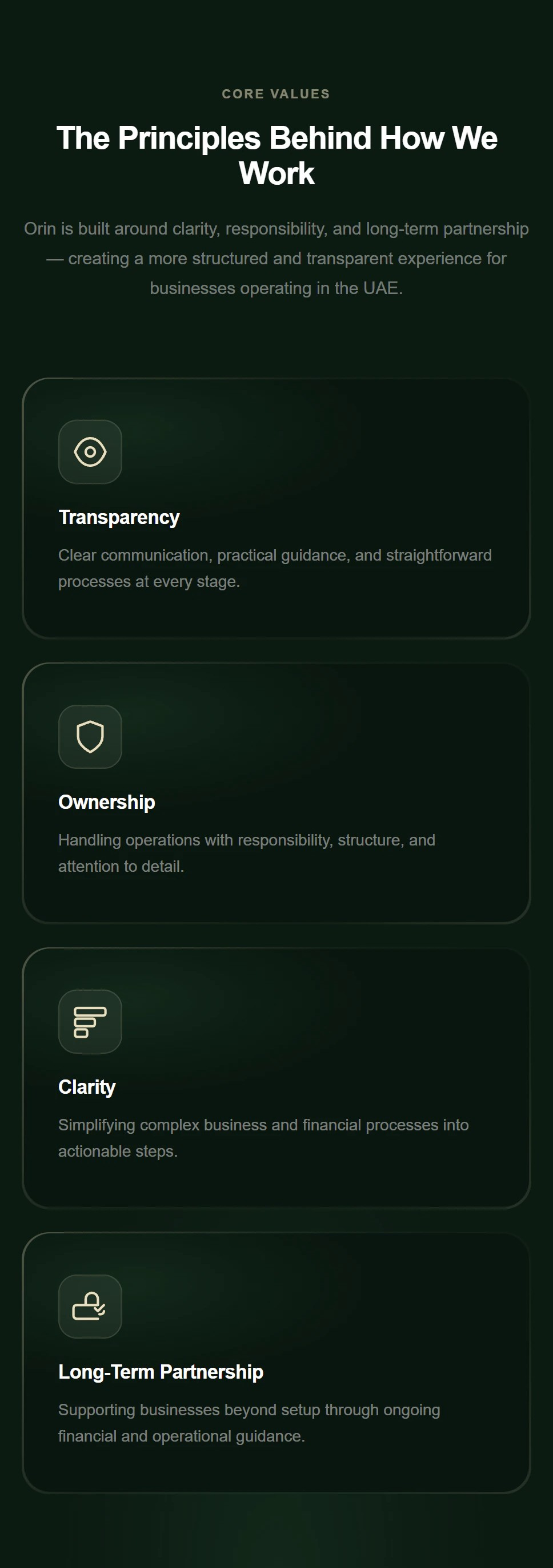 Orin mobile website principles covering transparency, ownership, clarity, and long-term partnership for UAE businesses.